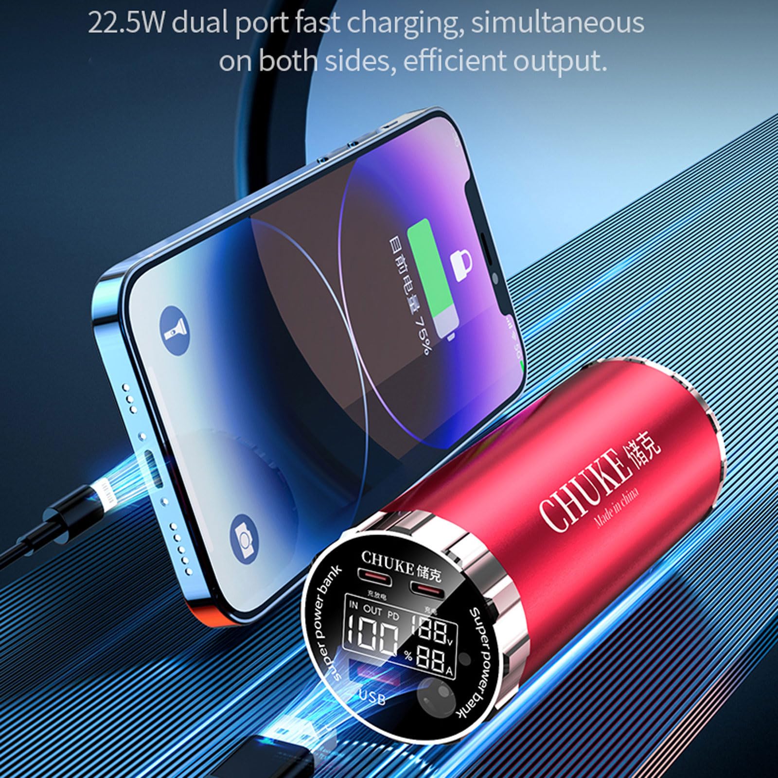 46800 - Caja de batería portátil con luz LED, doble USB C y puerto USB, 5 V, 3 A de salida, 22,5 W, carga rápida Power Case