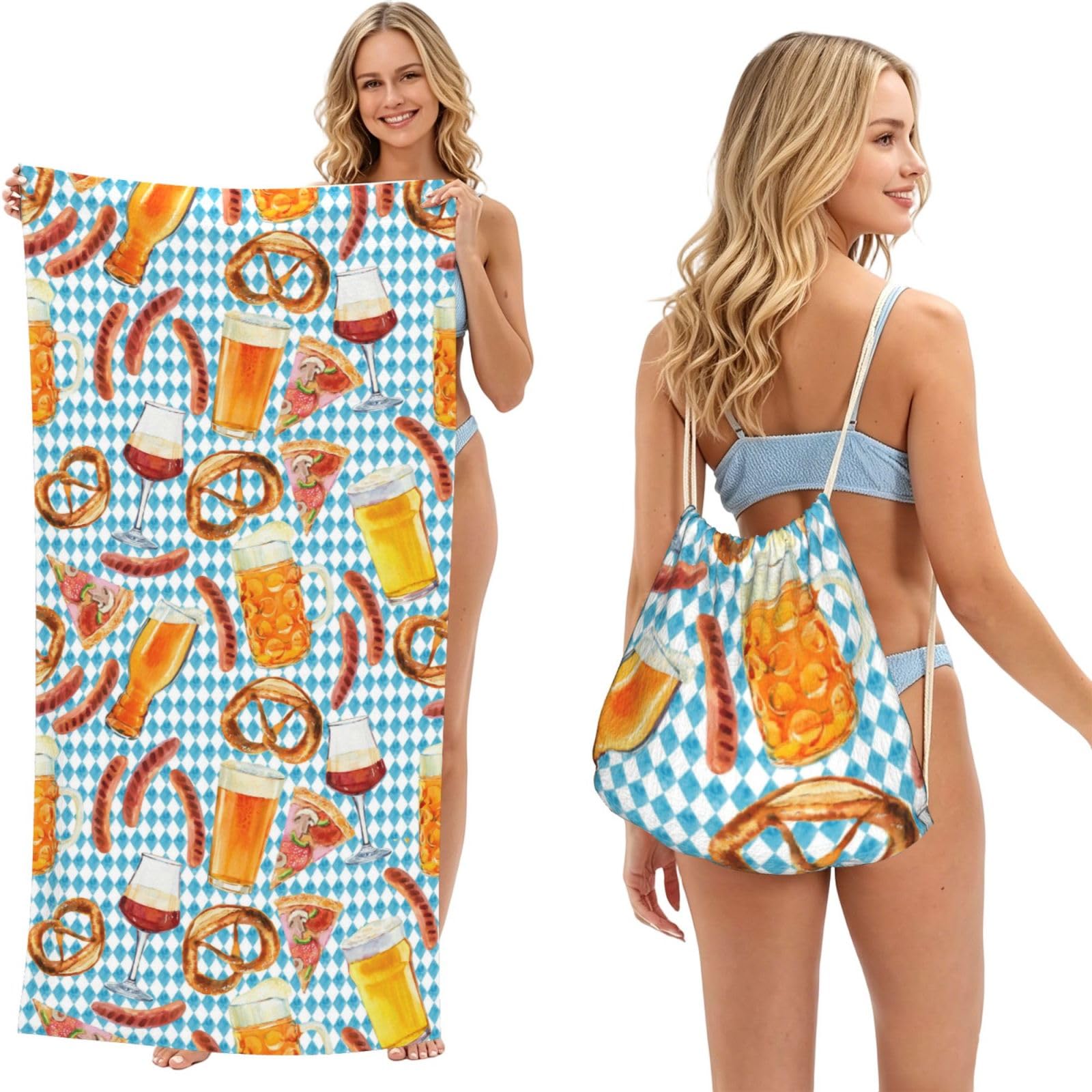 Poadnly As Picture Sausage Bread Pizza Pattern, 2 In 1 Packable Towel Bag, Beach Towels With Drawstring Backpack For Travel Holiday Camping