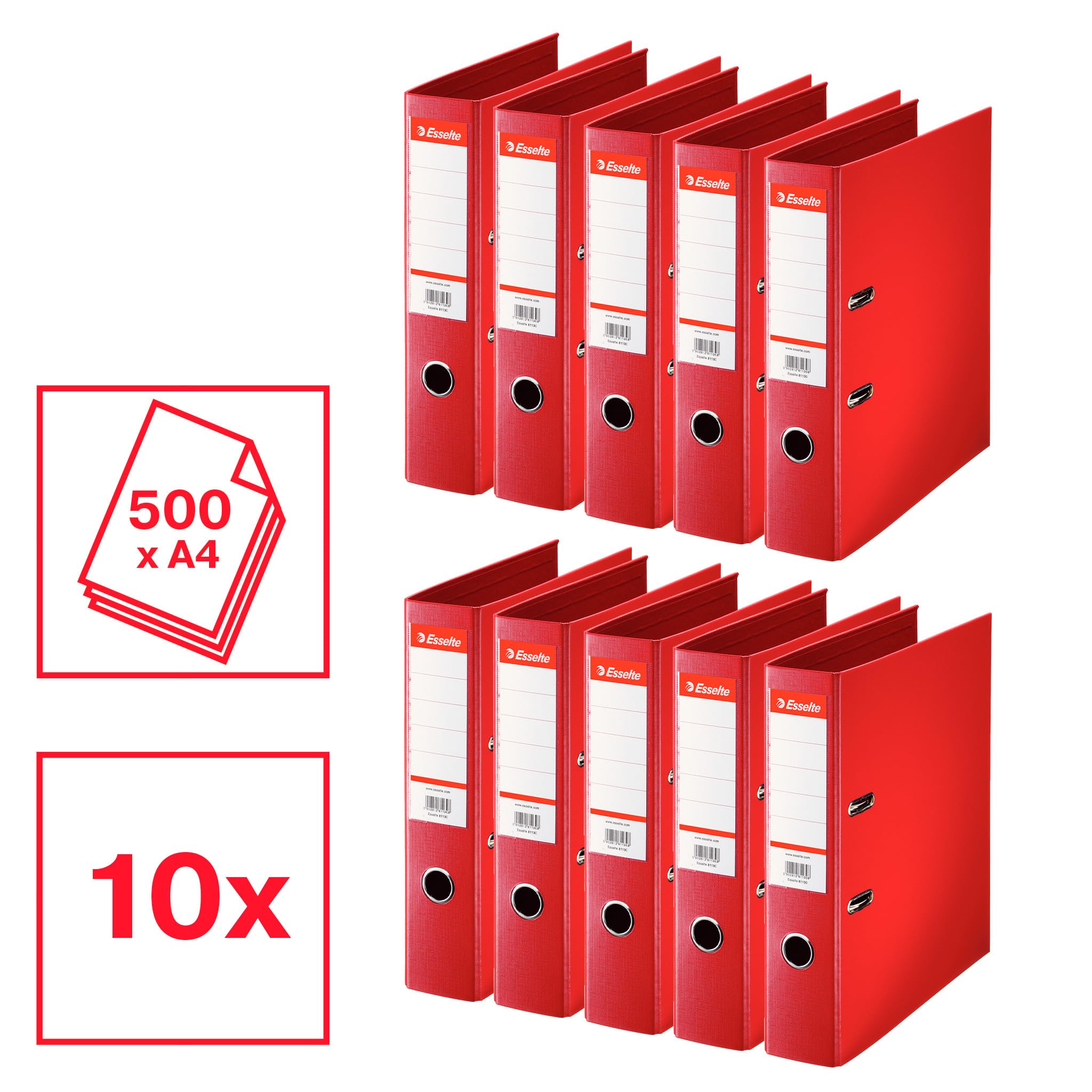 Esselte Standard, Confezione da 10 raccoglitori a leva, rosso, dorso 75 mm, A4, PP, 320220