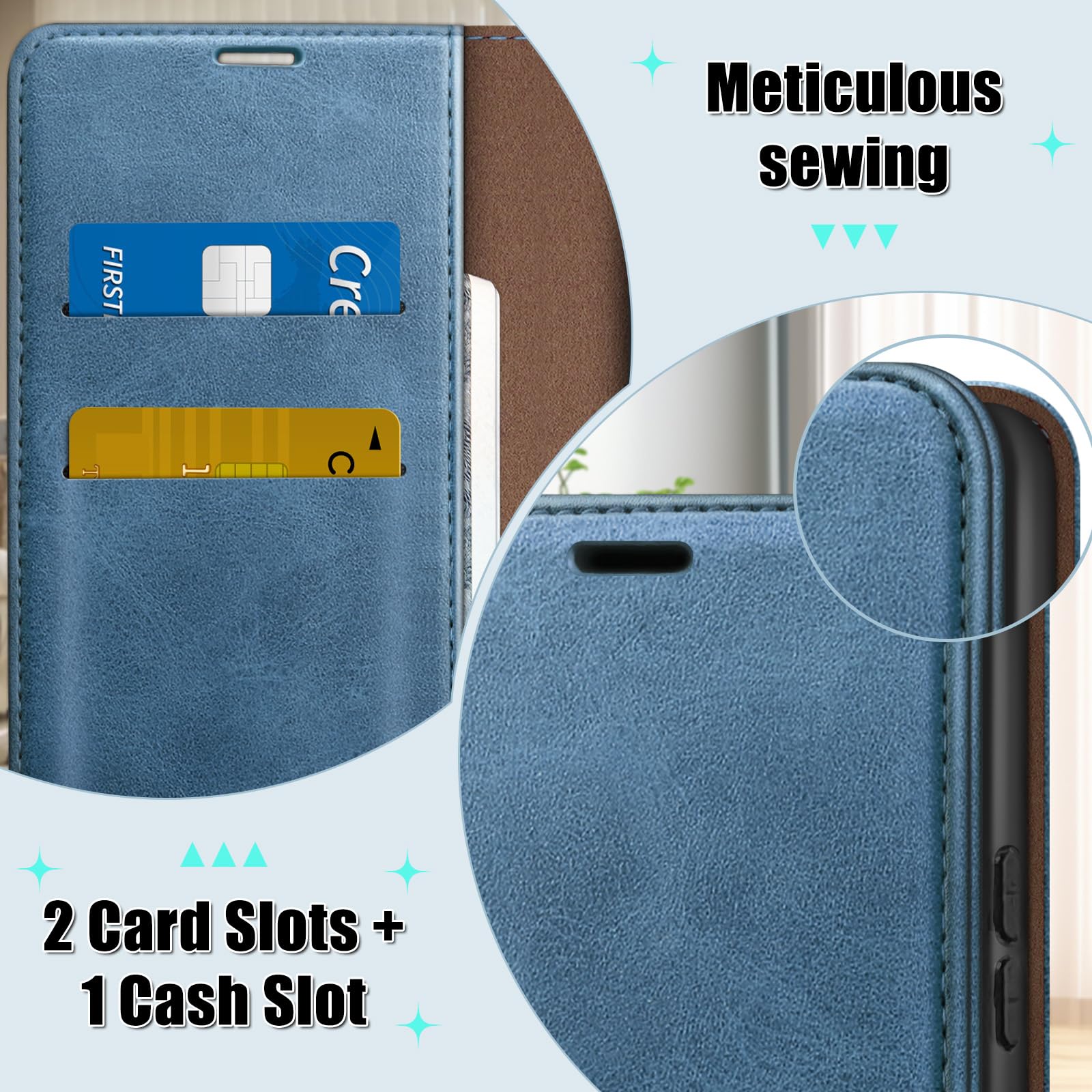 HUOUH Funda para Samsung Galaxy S24 Ultra titular de tarjeta de crédito,Cubierta a prueba de golpes teléfono Funda,Estuche de Billetera cuero de PU con Bloqueo RFID para SamsungS24Ultra Azul Brillante