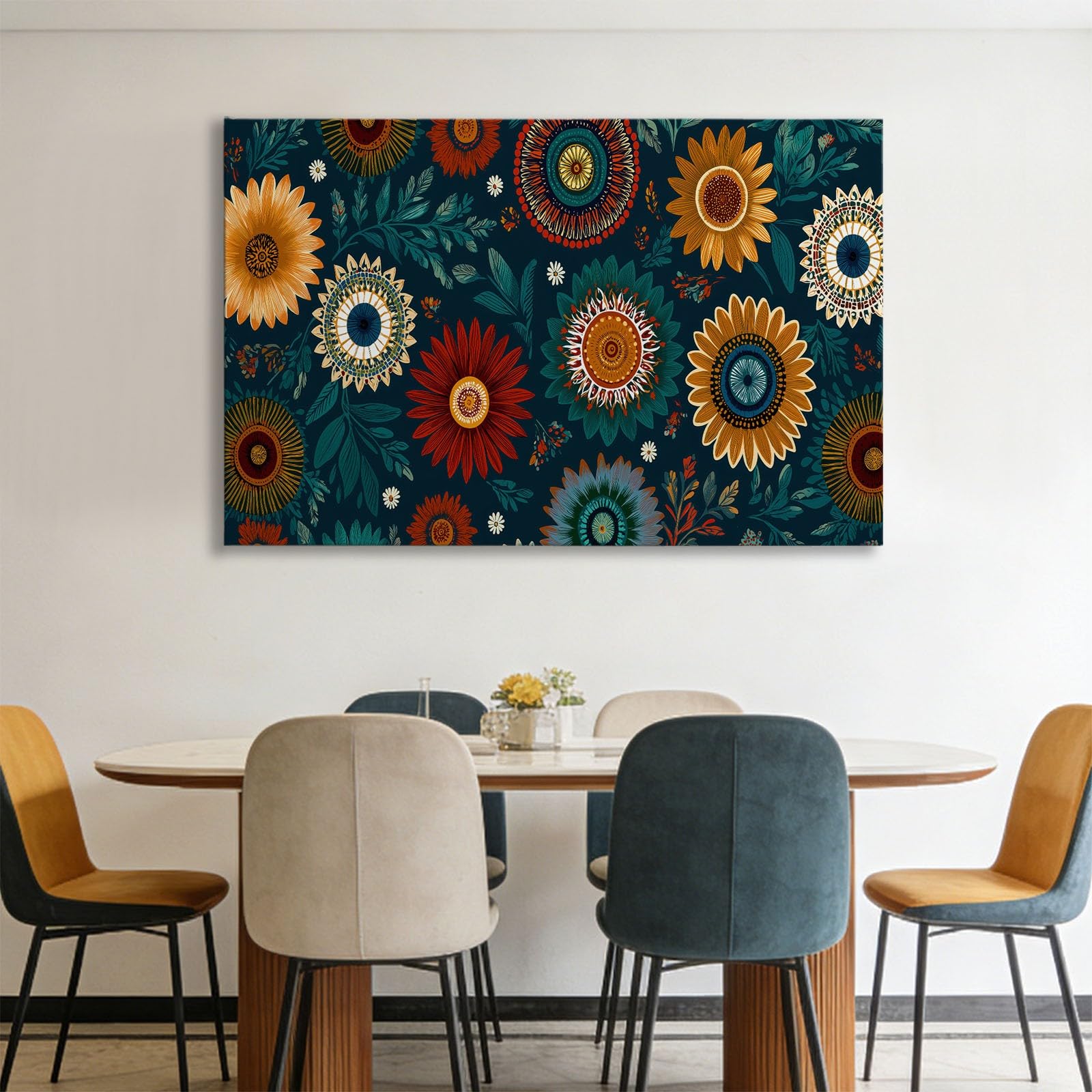 Boho Geometrisch Blumen Gänseblümchen Modernes Leinwandbild 120L x 60B cm mit Rahmen, Vintage XXL Wanddeko für Wohnzimmer Geschenk Idee Einzug - Hochwertiger Kunstdruck auf Holzrahmen