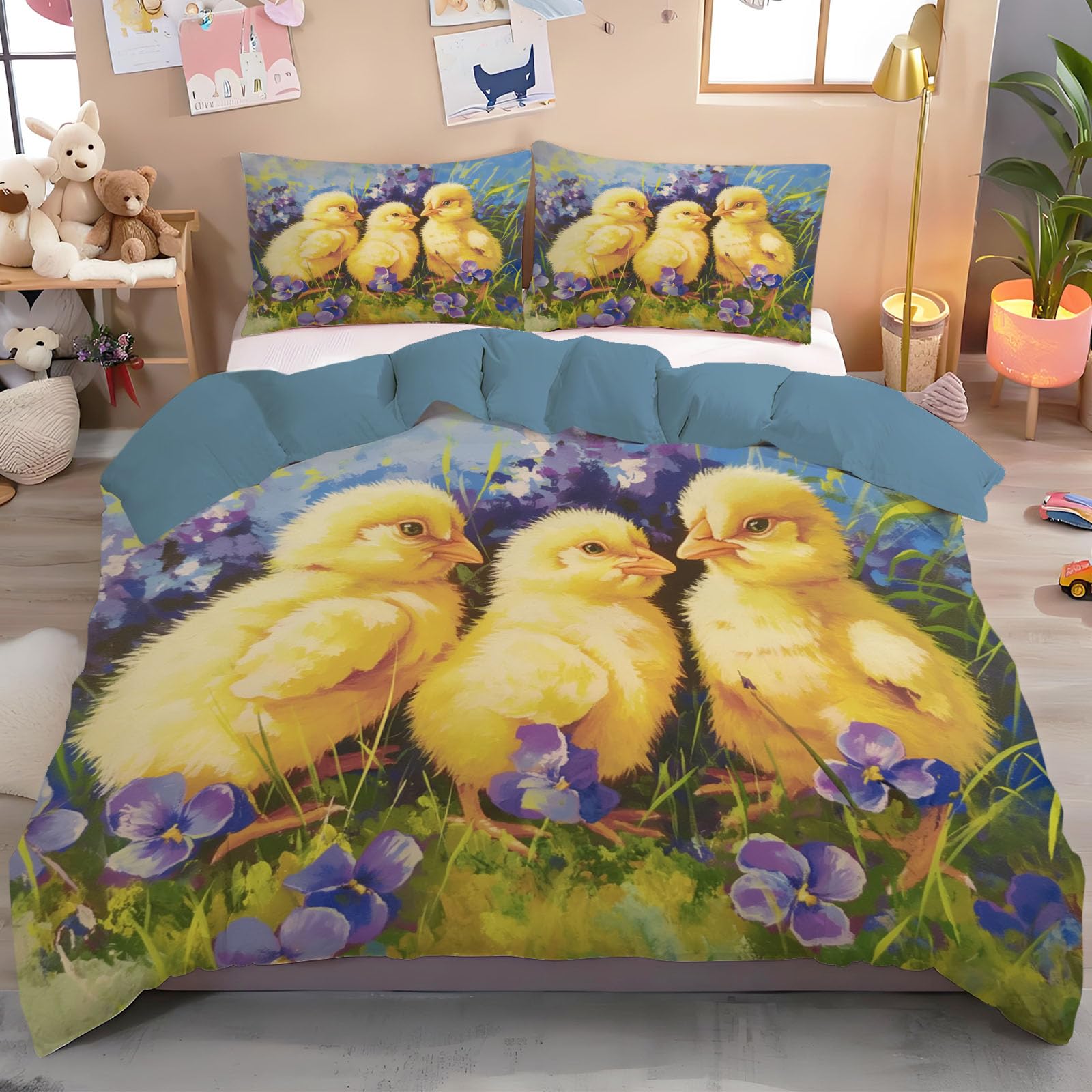 Parure de lit 220x240cm mignon poussin violet avec housse couette zippée