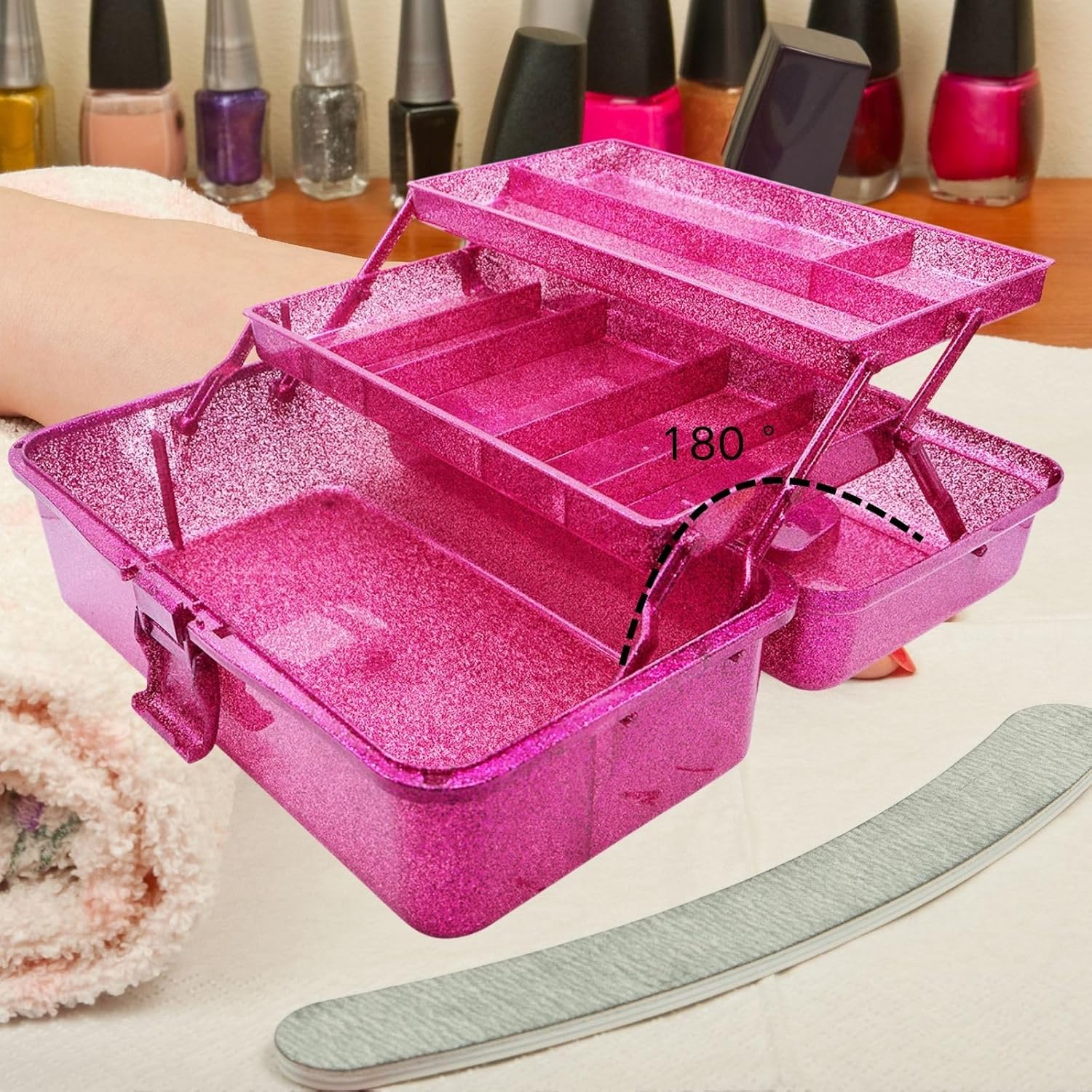 Saim Small Parts Organizer, 3-Layer Storage Box with Fixed Compartments, Ready-to-Use Portable Makeup & Hair Accessories Case, Craft Organizer for Girls Teens College Dorm - Hot Pink