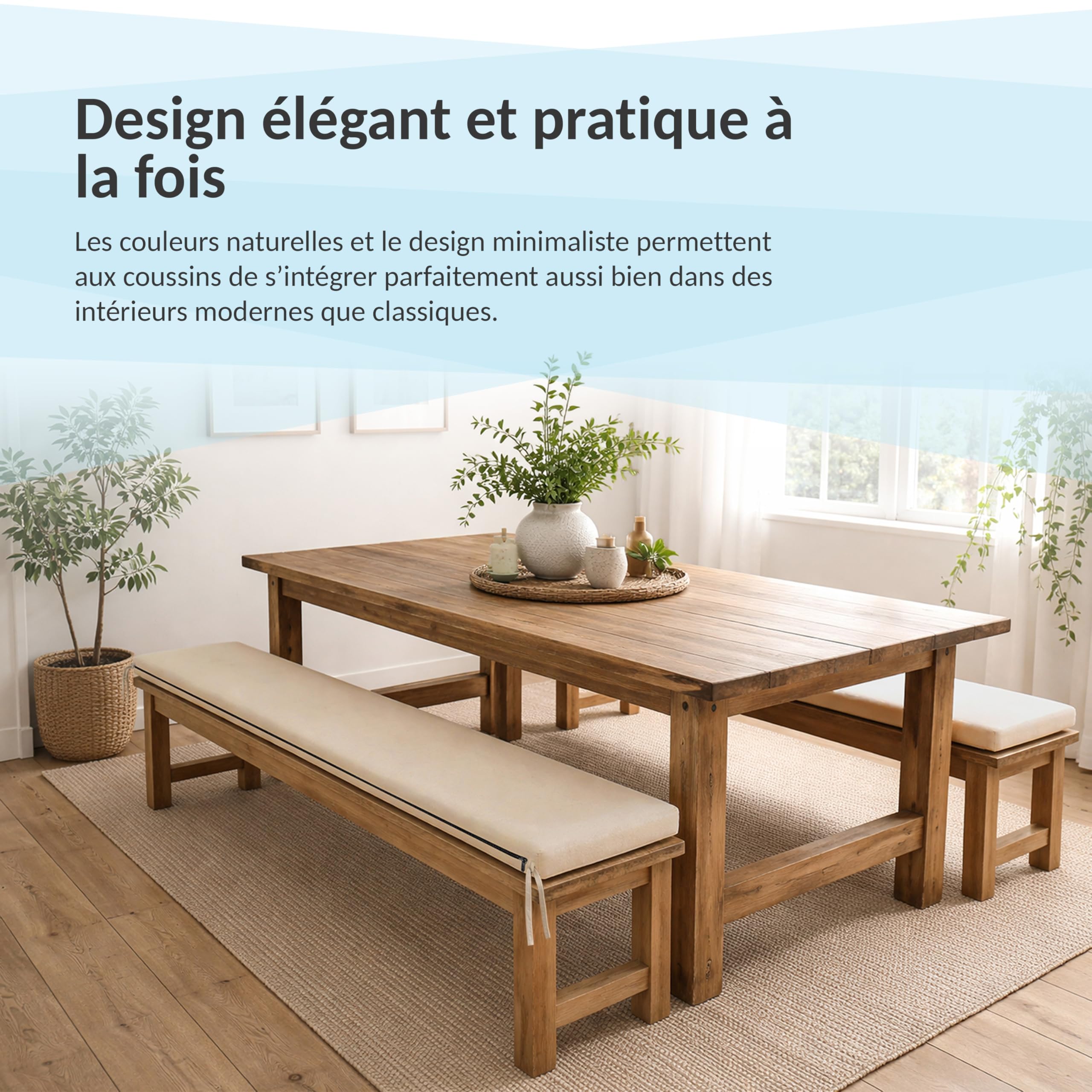 POKAR Coussin de Banc 150x50 cm | Housse Amovible et Liens Antidérapants | Galette d'Assise pour Banc de Jardin, Balancelle et Chaise | Intérieur et Extérieur | Oeko-TEX | Fabriqué en UE | Beige