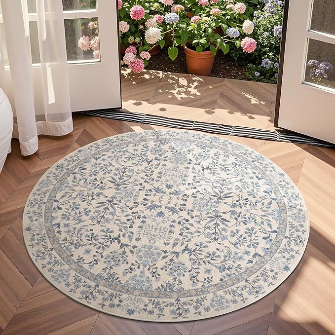 jinchan Zenith Round Rug 4ft Area Rug Soft 4'Round Floral Aesthetic Rug Non-Slip Low-Pile Machine Washable Carpet for Entryway Bedroom Kids Room Kitchen College Dorm Blue/Cream