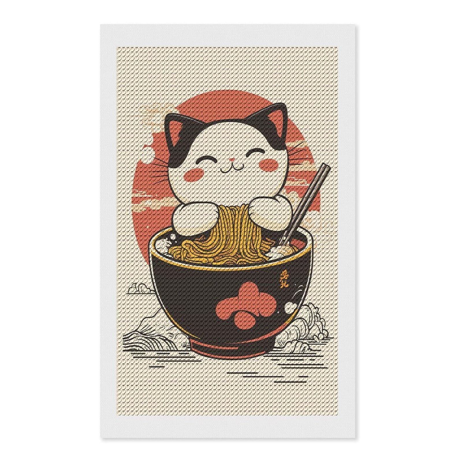 Junmoney Cat Eating Ramen Diamond Art Kit 12"x20", Relaxing DIY Hobby, Satisfying Creative Project, Living Room Decor, for Women