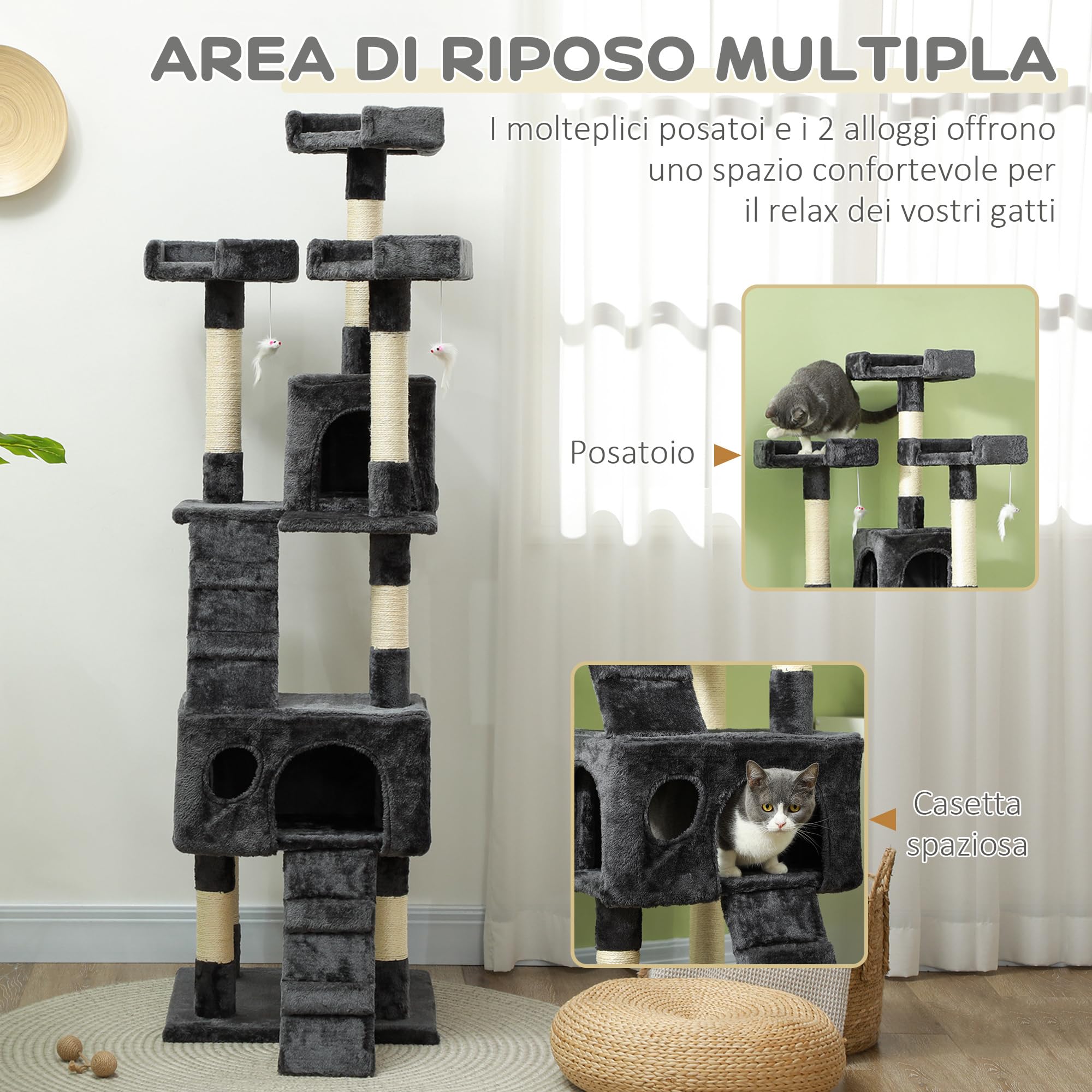 PawHut Albero Tiragraffi per Gatti con 3 Posatoi, 49x49x173 cm Grigio | 2 Casette e Giochi Appesi, Torre per Gatti, in Truciolato e Peluche