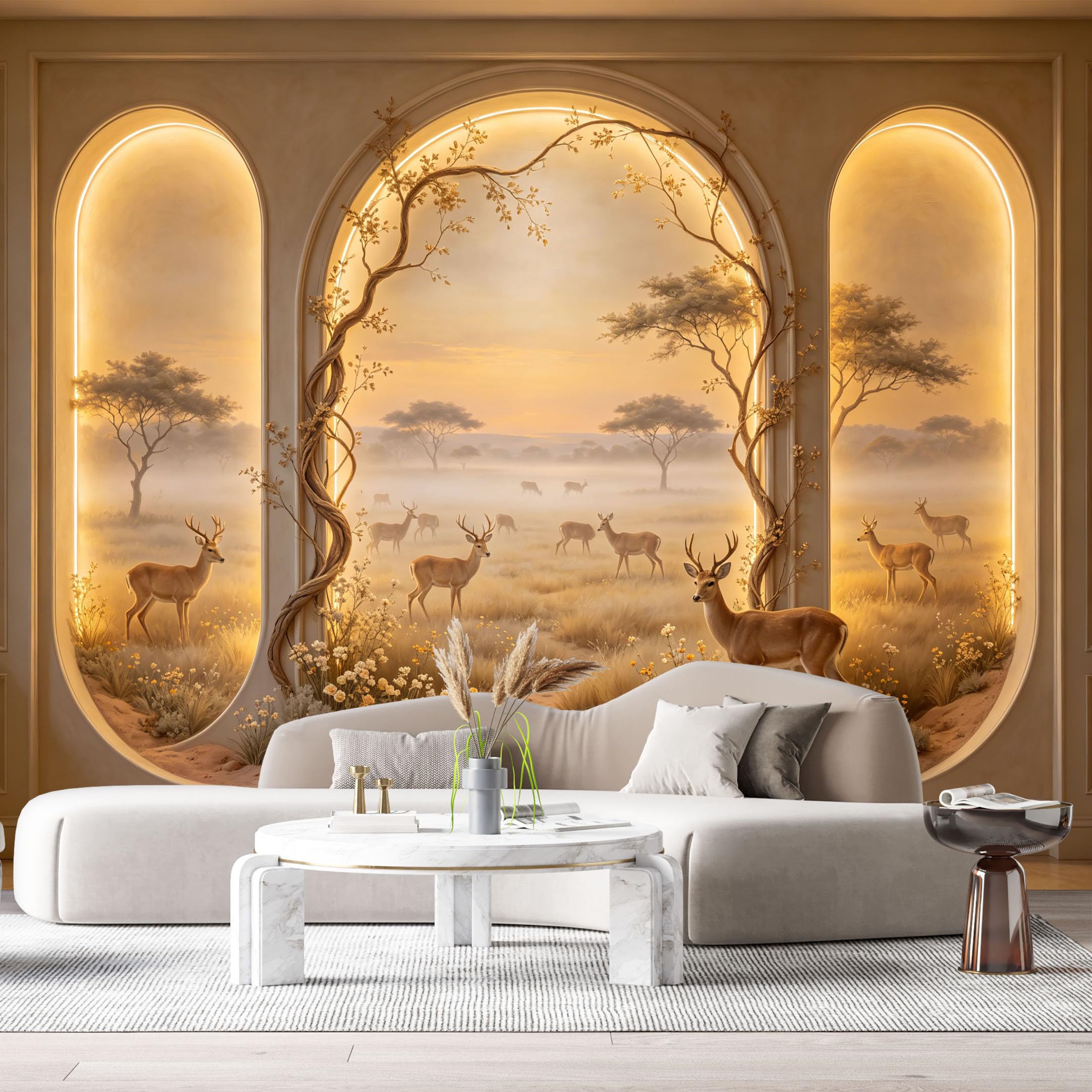 Custom Size Wall Murals Sunset Savannah Deer Landscape 3D Trompe L'Oeil SelfAdhesiveWall Fabric Removable Wallpaper Wall Decor for Living Room Bedroom Bathroom