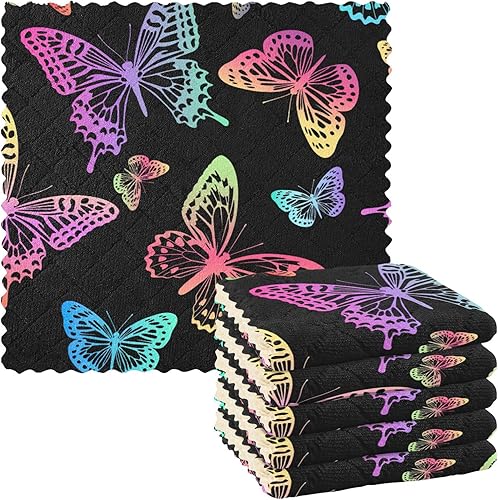FRODOTGV Juego de 6 toallas de cocina de microfibra con estampado de mariposas arcoíris de secado rápido para restaurante y café