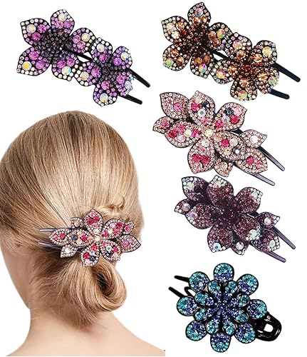 5 pinzas para el cabello con diamantes de imitación de doble flor, accesorios decorativos para el cabello para mujeres, pasadores de pelo de