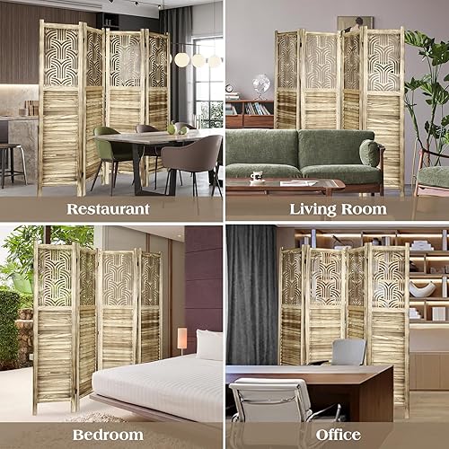 Miniatura 7 de ECOMEX Divisores de habitación de 4 paneles totalmente montados de 5.6 pies tallados y pantallas plegables, pantalla divisora de madera