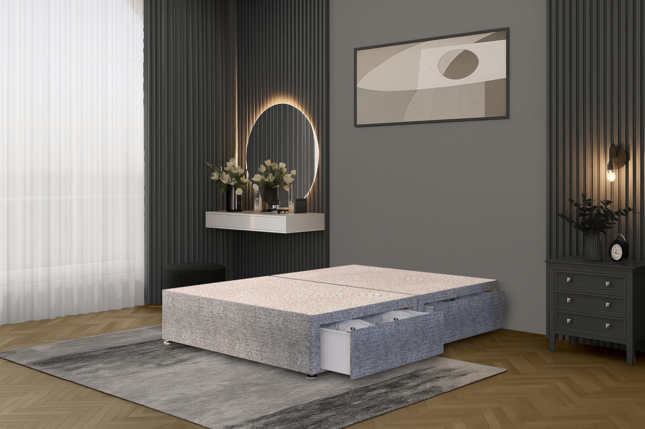 Bed Centre Tweed Grey Flexby Divan Bed Base – Double (4FT6) | 2 Storage Drawers Same Side | Upholstered Platform Frame | Modern Design | UK Made
