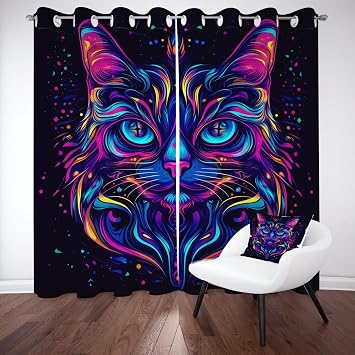 Colorful Cat Curtains for Bedroom, Cute Kitten Curtains Blackout, Pop Art Animal Curtain Thermal Soundproof for Living Room Patio Grommet Window Drapes 2 Panel Set, 34"x84"