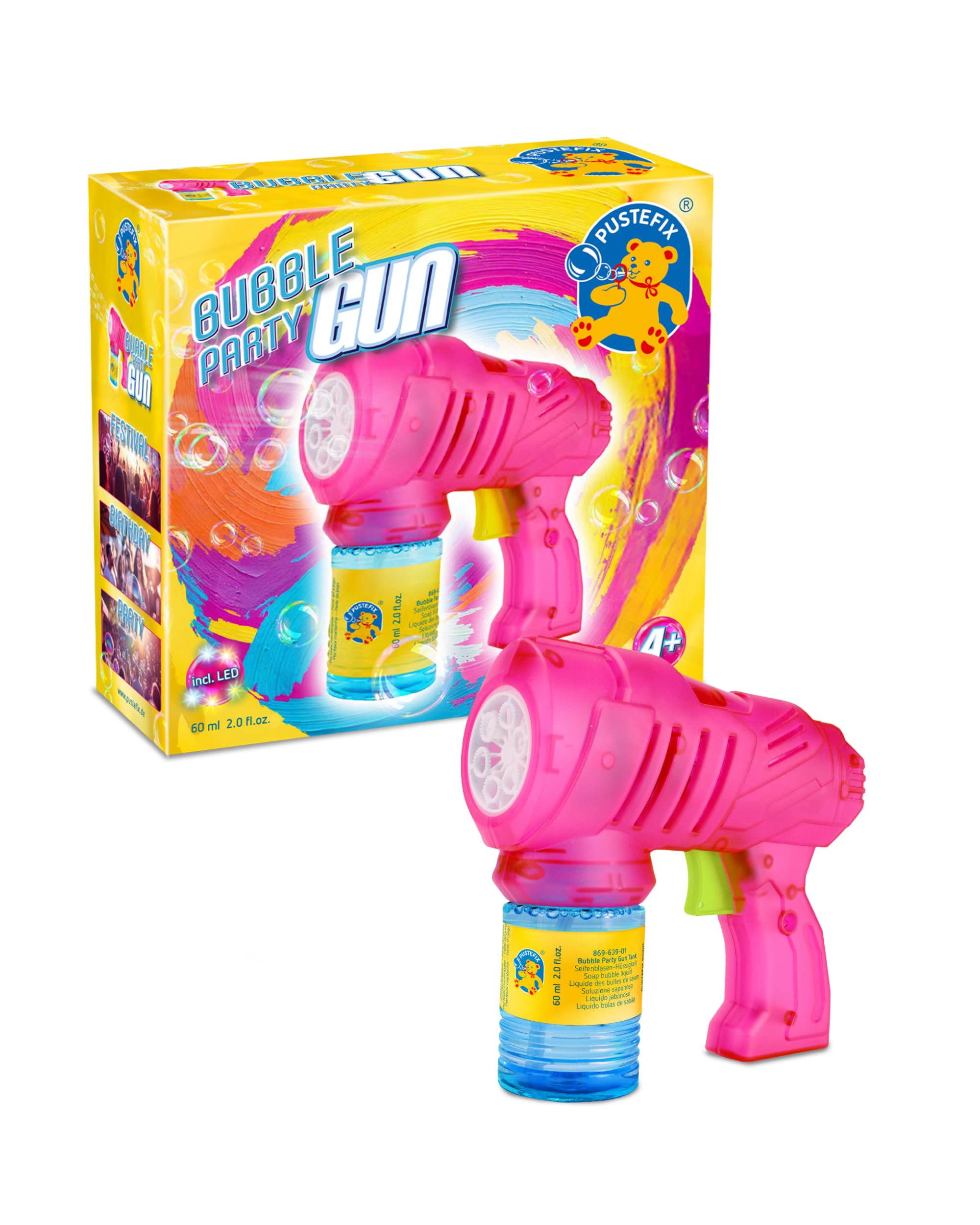 PUSTEFIX Bubble Party Gun I Seifenblasenpistole I 60 ml Flüssigkeit I Made in Germany I Für Hochzeit, Kindergeburtstag & Polterabend I Für Kinder & Erwachsene
