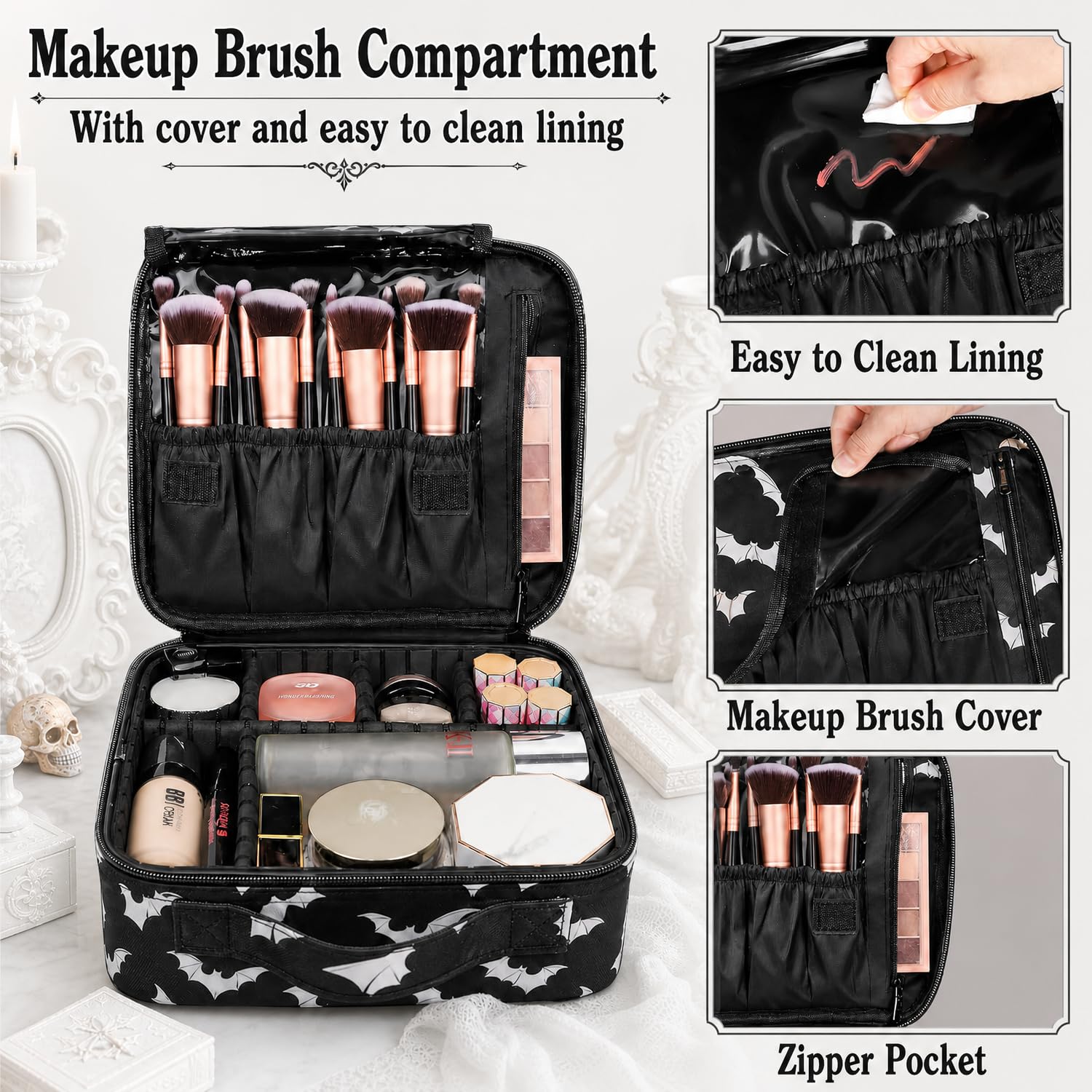 Goth Bats Travel Makeup Bag Organizer with Adjustable Dividers