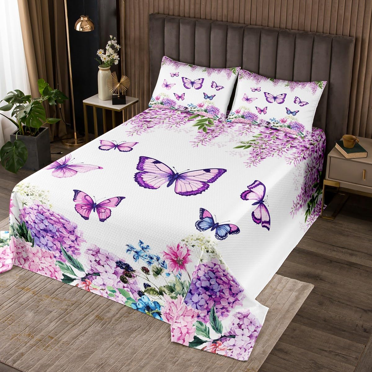 Castle Fairy Butterfly Bedspread Set Queen Size for Kids,Boys Girls Purple Flowers Quilt Set Garden Bedspread Coverlet Watercolor Bedspread 3 Piece Decorative Bedding Quilted with 2 Pillow Shams