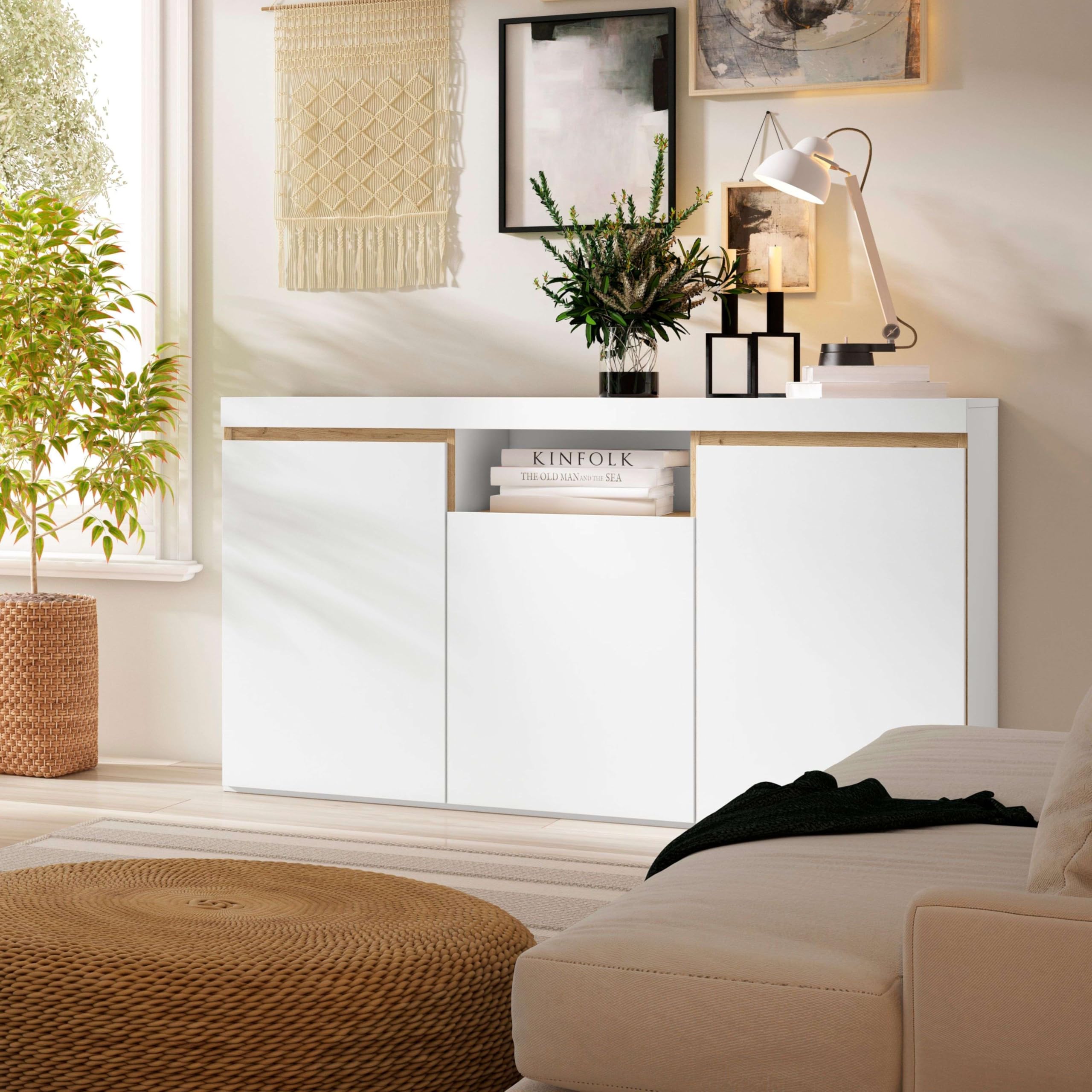 Fabrikit Mueble aparador Elis salón Comedor despacho Color Blanco Mate y Naturale 3 Puertas 1 Hueco 81x140x40 cm