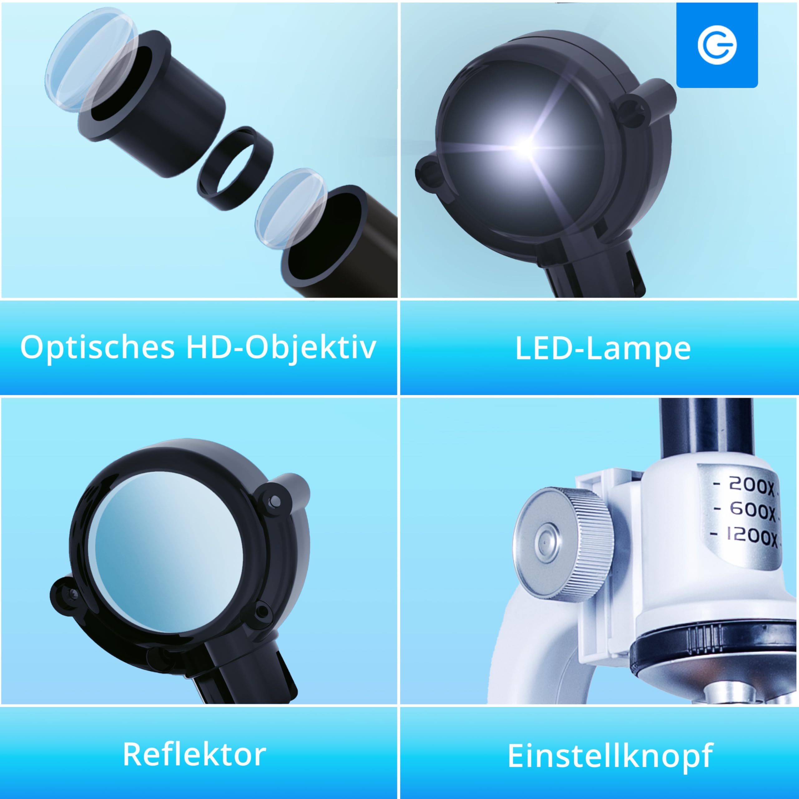 Silvergear® Mikroskop Set für Kinder | Mikroskop Erwachsene & Anfanger | mit 200x, 600x und 1200x Vergrößerung | Lernspielzeug | Biologie | 4 Farbfilter | Labor | inkl. 29 Zubehör | 14x8x22 cm | Weiß