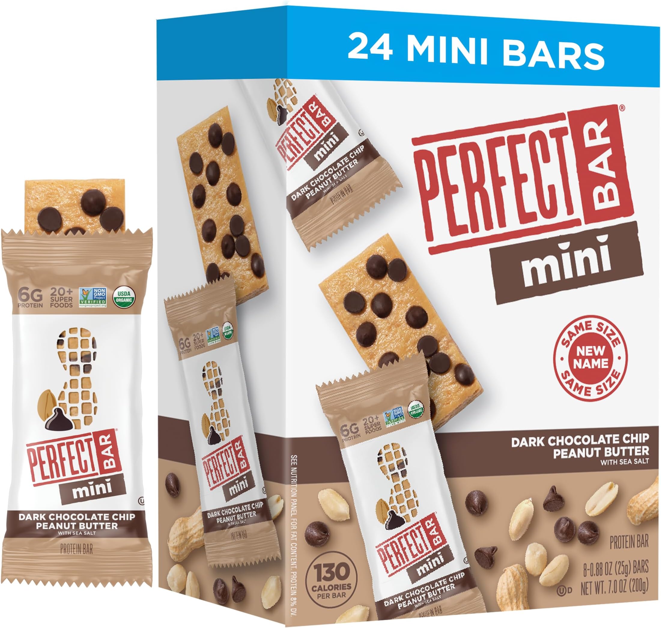 Perfect Bar Mini, Dark Chocolate Chip Peanut Butter Protein Bar, Protein Snack, Snack Bar, Organic, Gluten Free, Soy Free, Non GMO, No Sugar Alcohols, .88 Ounce Bar, 24 Count