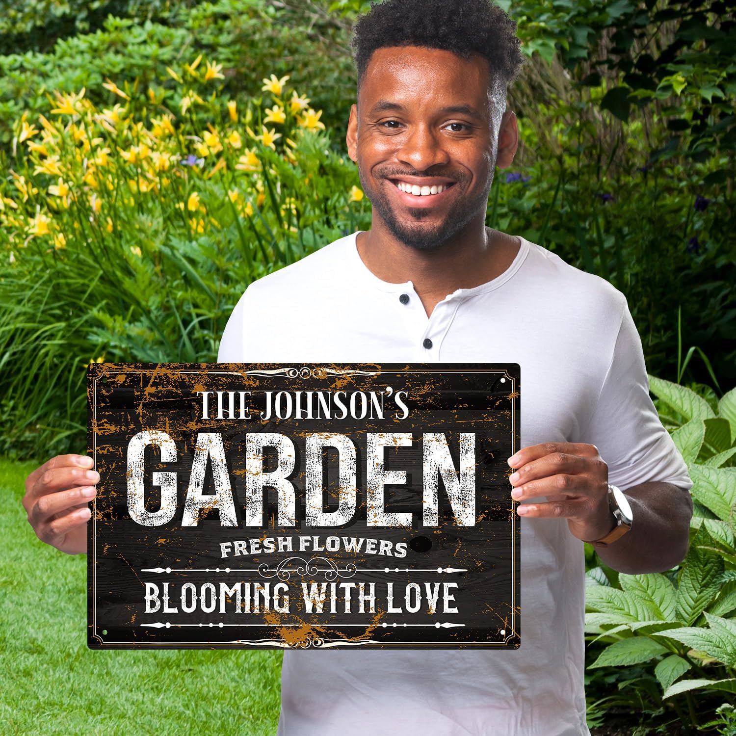 Custom Garden Blooming with Love Sign, Personalized Name for Backyard/Flower Garden Décor Sign, 12x18 Inches, Rust Free .063 Aluminum, Fade Resistant, Made in USA by Sigo Signs