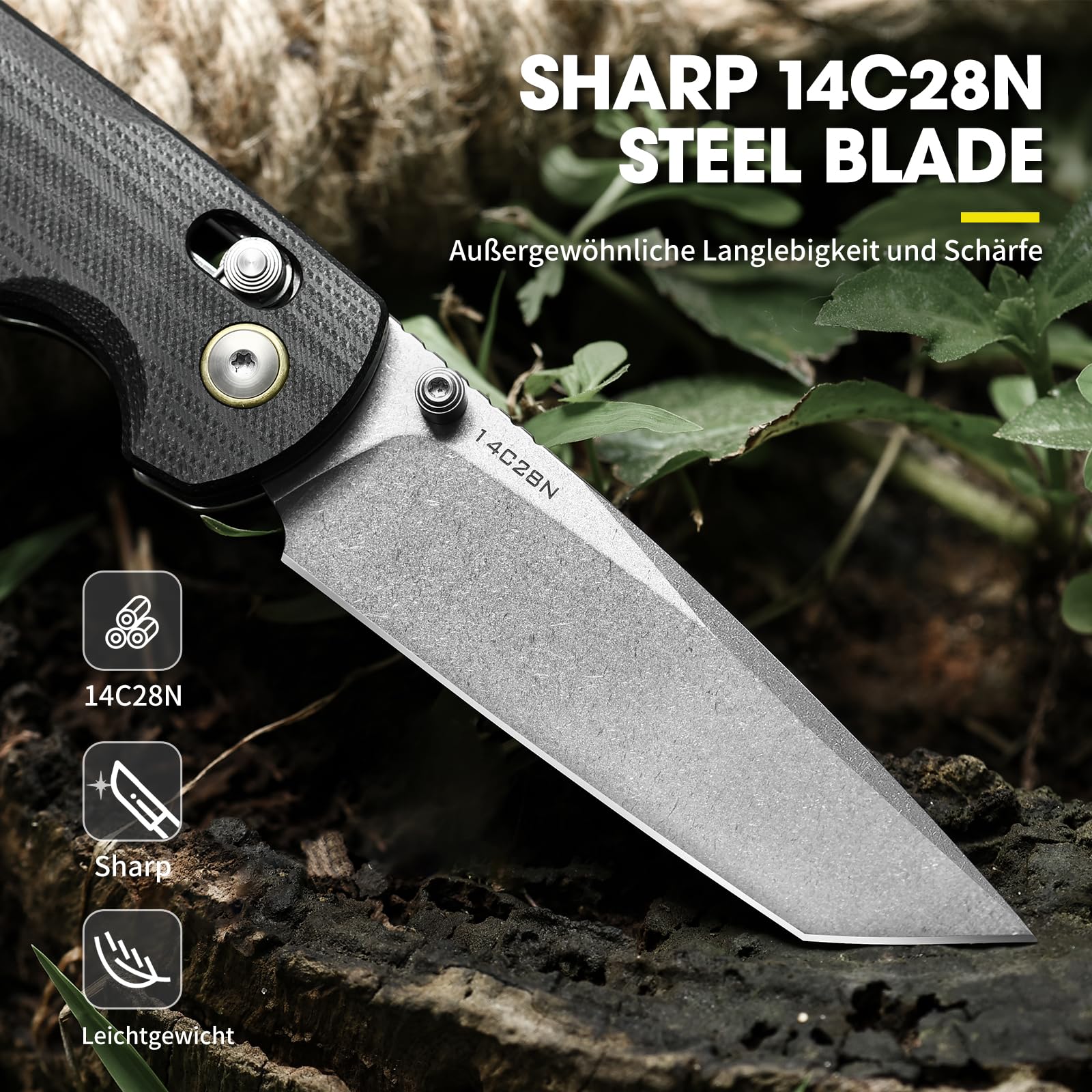 Omesio Couteau pliant M-LB21 Tanto, lame en acier 14C28N, manche en G10, conception légère, étui en nylon inclus, longueur de lame 8,4 cm, idéal pour le camping en plein air.