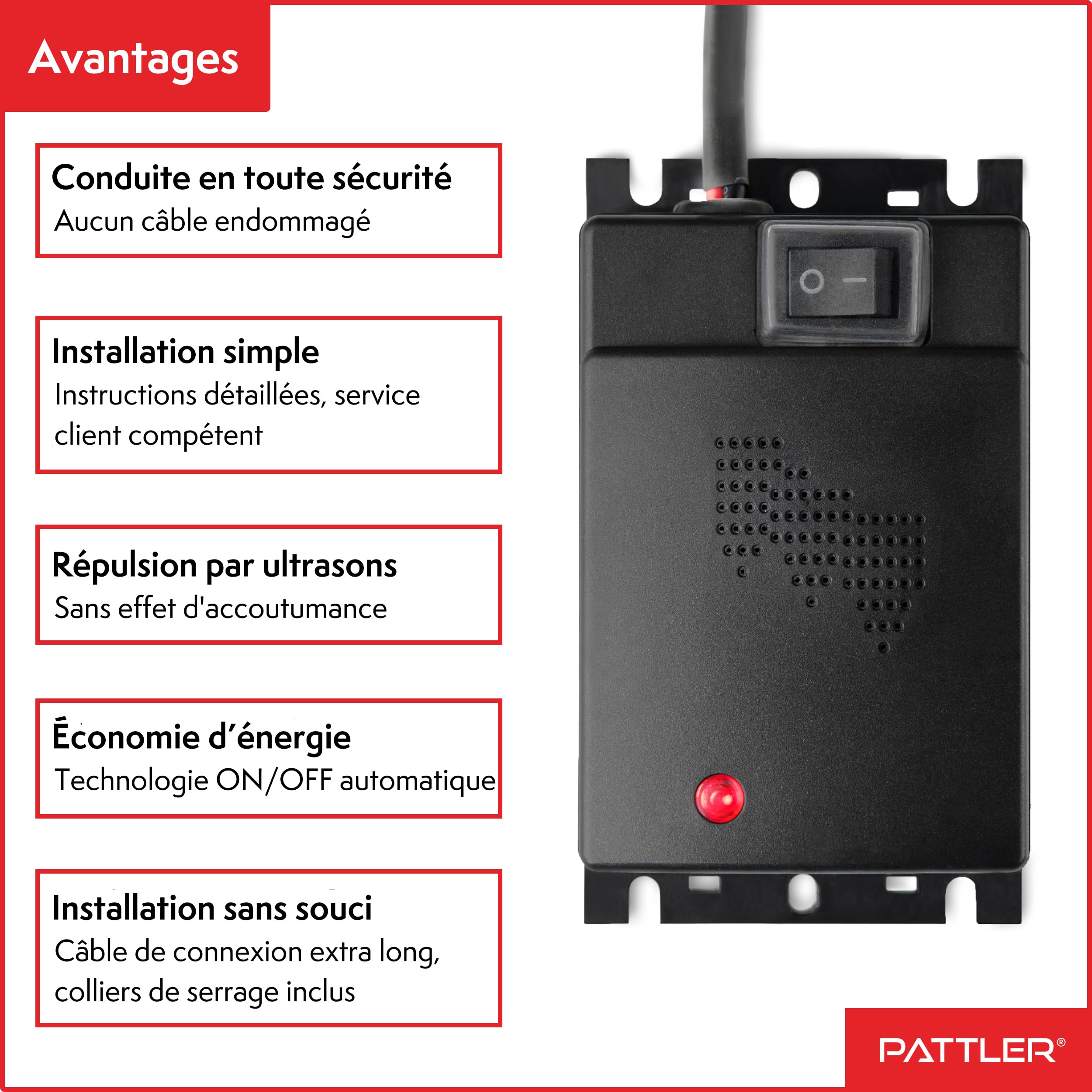 PATTLER Boîtier Anti Martre Voiture - Répulsif Ultrason Anti Fouine Voiture - Protection Efficace du Compartiment Moteur Installation Simple et Rapide Connexion 12V - 1 Unité