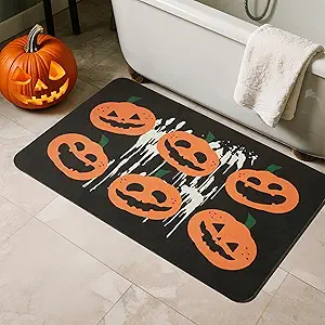 Halloween Bath Mat, Thin Halloween Bathroom Rug Non-Slip Quick Dry Pumpkin Bath Mat Fits Under Door Thin Floor Mat Halloween Decor, 17’’x30‘’, Pumpkins Black