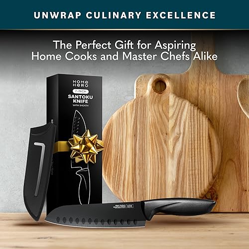 Miniatura 7 de Home Hero 2 cuchillos Santoku con funda, cuchillo de corte de acero inoxidable de alto carbono con mango ergonómico, cuchillo de cocina multiusos
