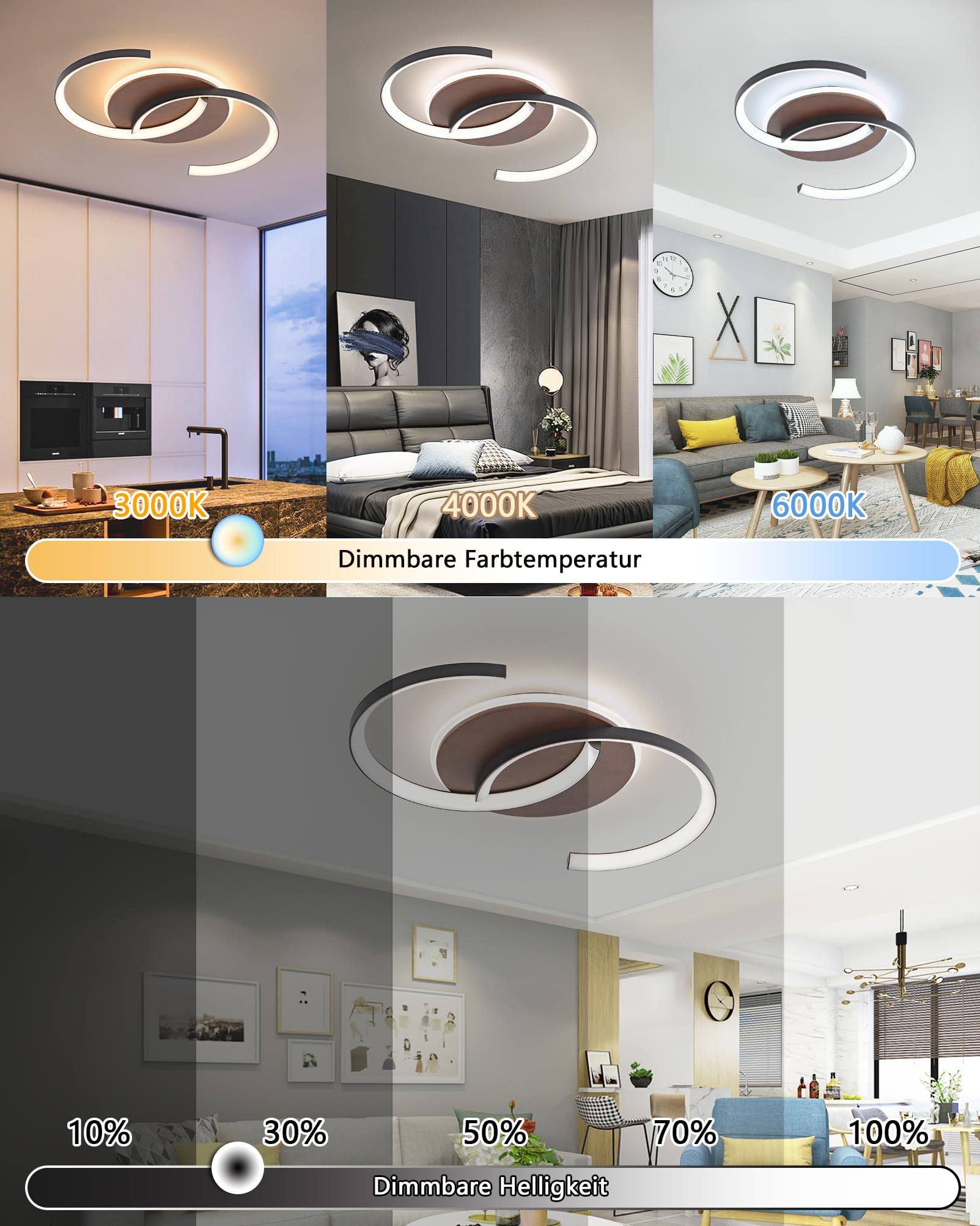 LED Deckenleuchte Holz dimmbar, Walnuss schwarz „S“ 2-Ringe Modern Deckenlampe, 32W 50cm 3200lm 3000K-6000K mit Fernbedienung, Schlafzimmerlampe, Flurlicht, Memory-Funktion, 4W Nachtlicht