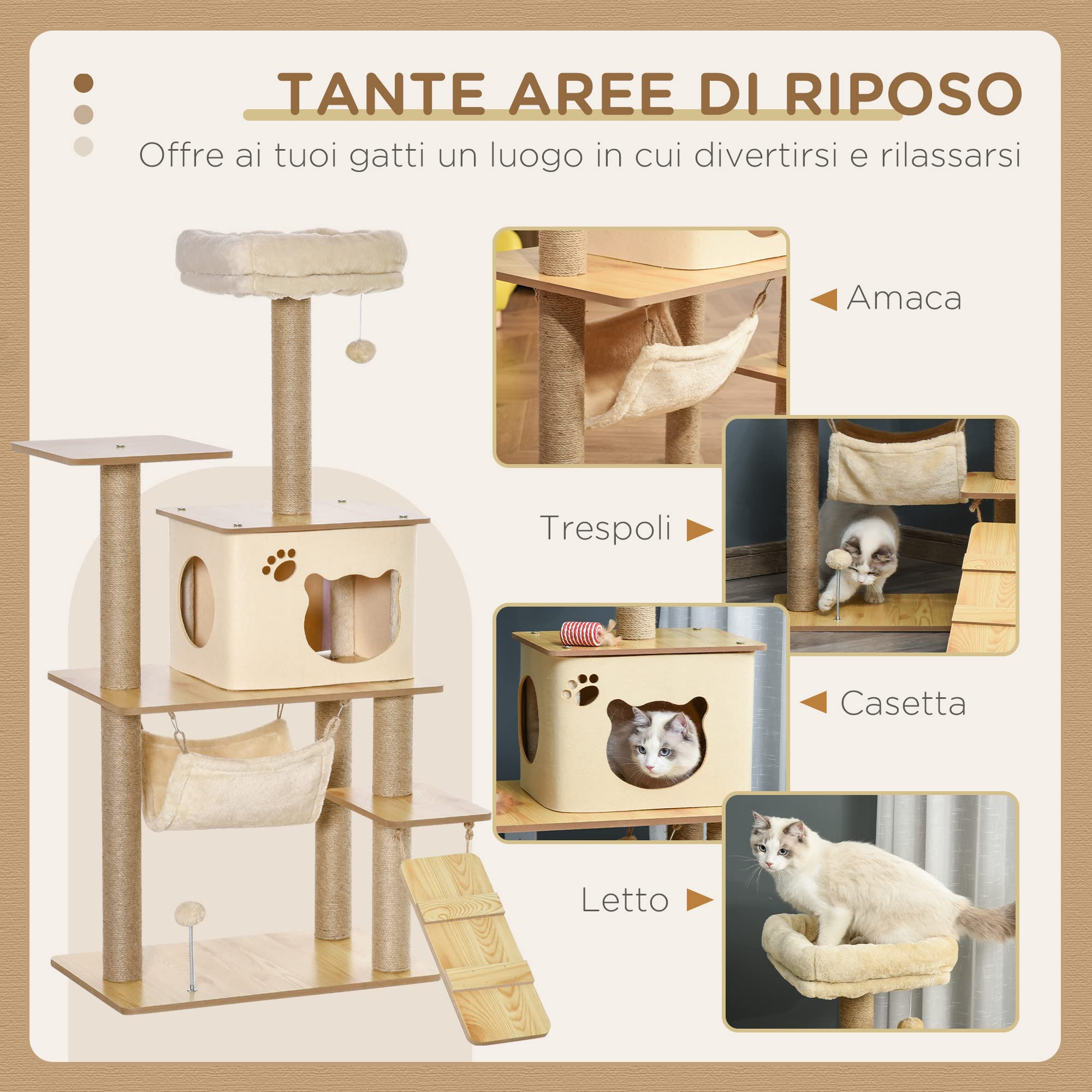 PawHut Albero Tiragraffi Multilivello con Casetta, Amaca, Scaletta e Corde in Juta, Rivestimento Peluche, 60x40x130cm, Giallo