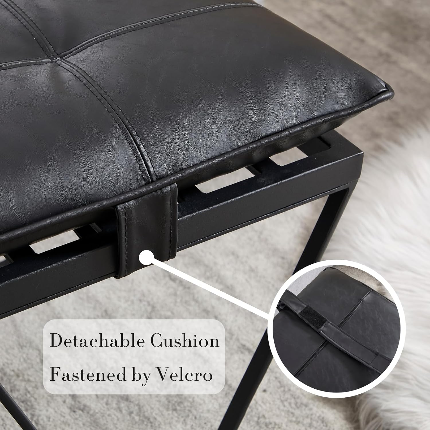 49" Modern Pu Leather Upholstered Entryway Bench, Industrial End of Bed Bench with Removable Cushion, Bedroom Bench Long Ottoman with Black Metal Legs for Living Room Hallway, Black