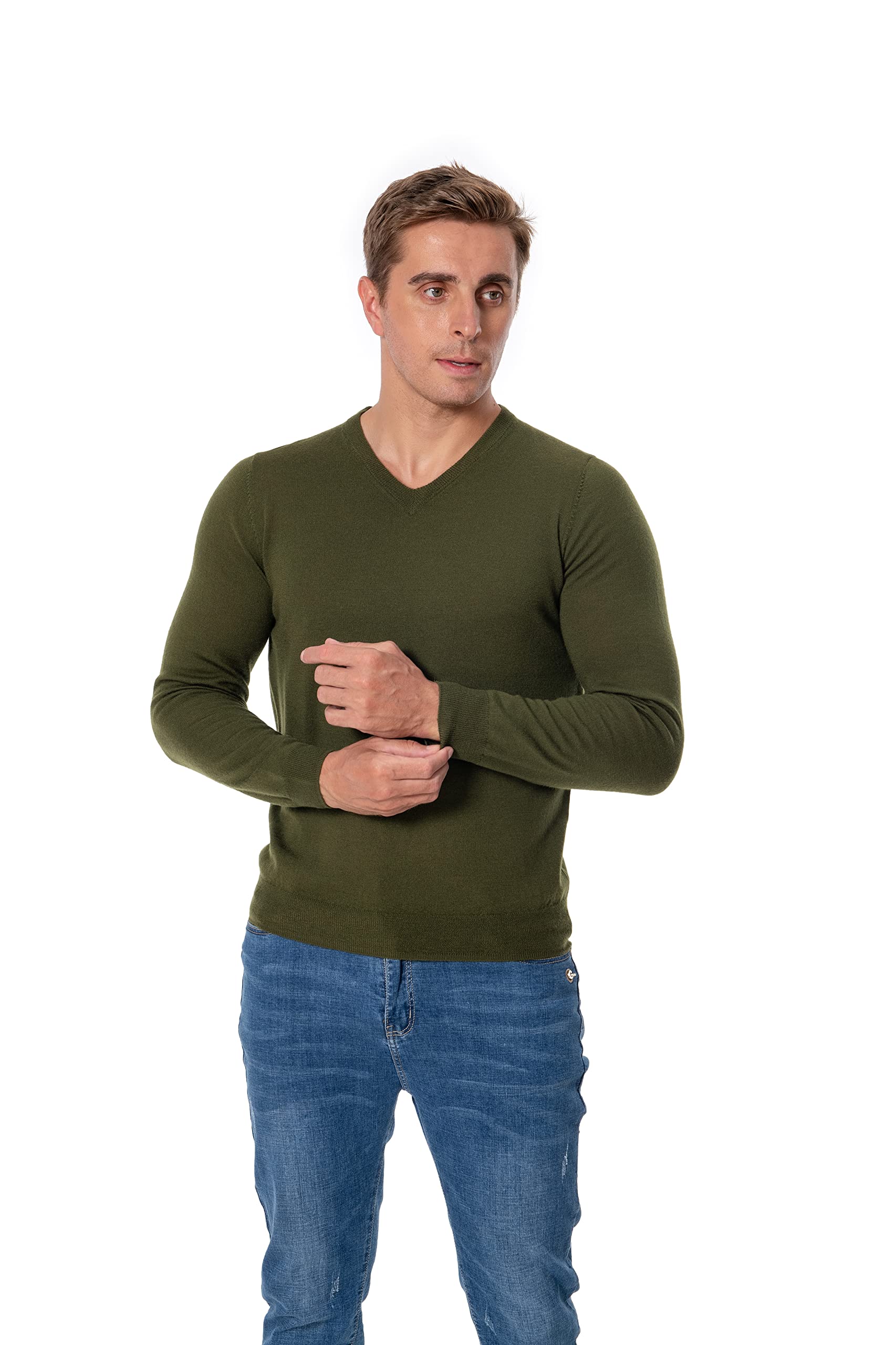 WOSICA Men's 100% Extrafine Merino Wool Knited Long Sleeve Pullover with V-Neck (Olive M)