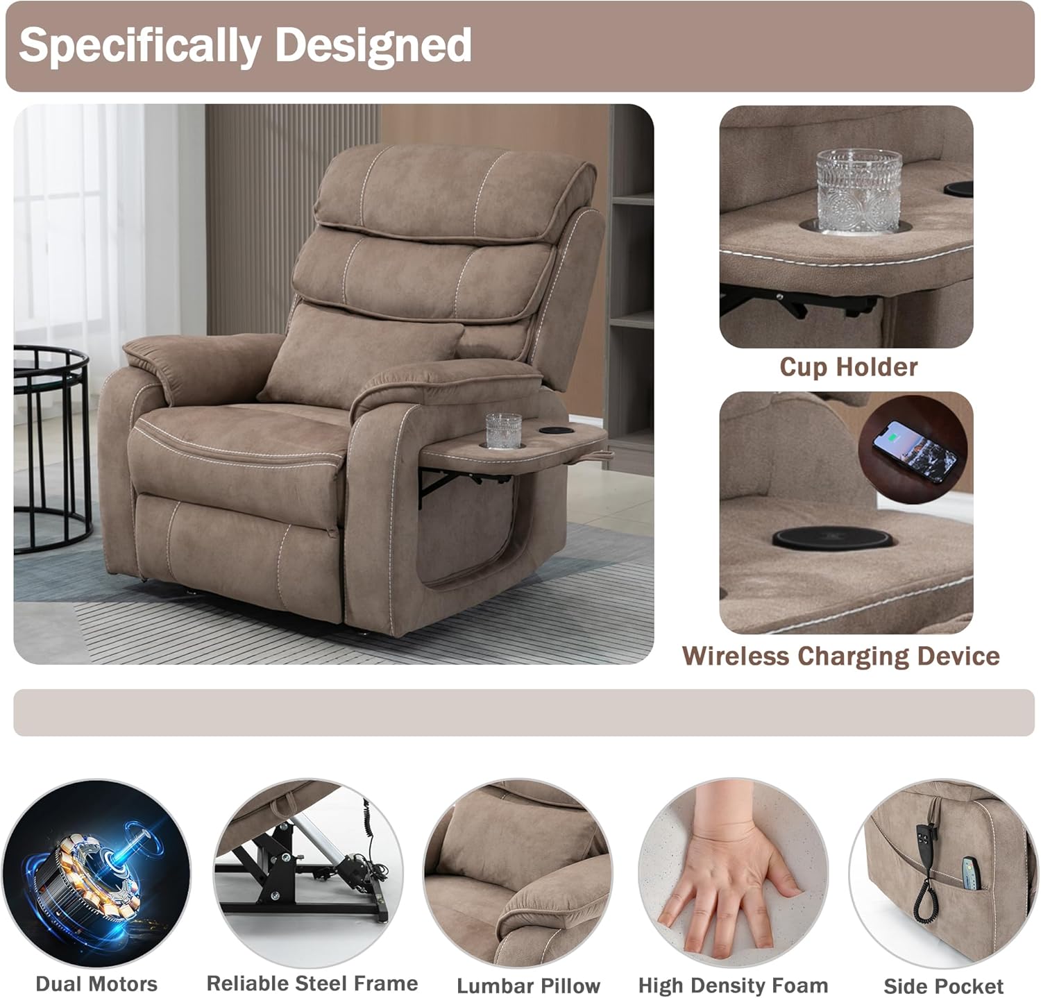 JIKFRIMA Power Lift Recliner Chair for Adults Elderly Lay Flat Velvet Recliners with Massage Heating, Extended Footrest, Wireless Charging Device, USB Ports, Cup Holder, Lumbar Pillow