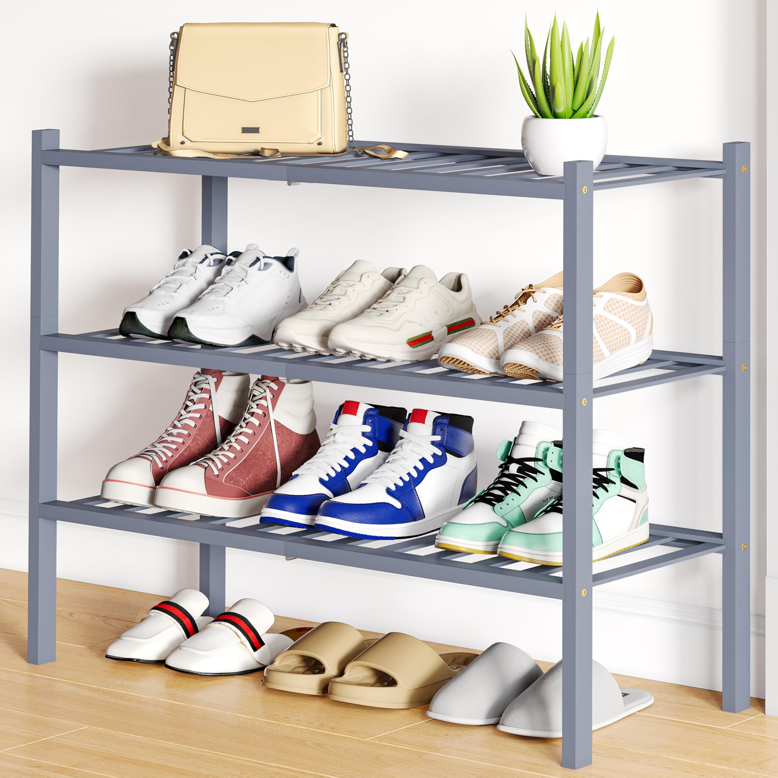 Smiry Bamboo Shoe Rack, 12 Vertical Slats, 3 Tier - 26.8" Wide, Grey