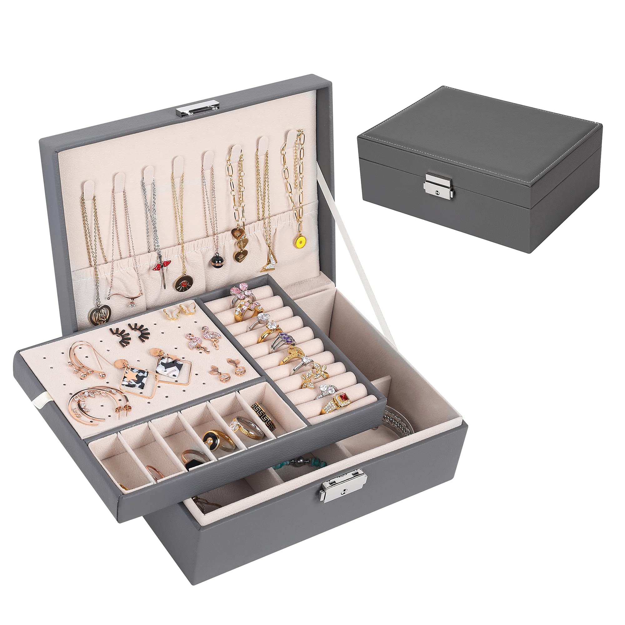 Jewelry Box for Women: Leather with Lock 2 Layer Portable Jewelry Organizer and Box Storage Case Necklaces Bracelets Rings Earring Holder Grey