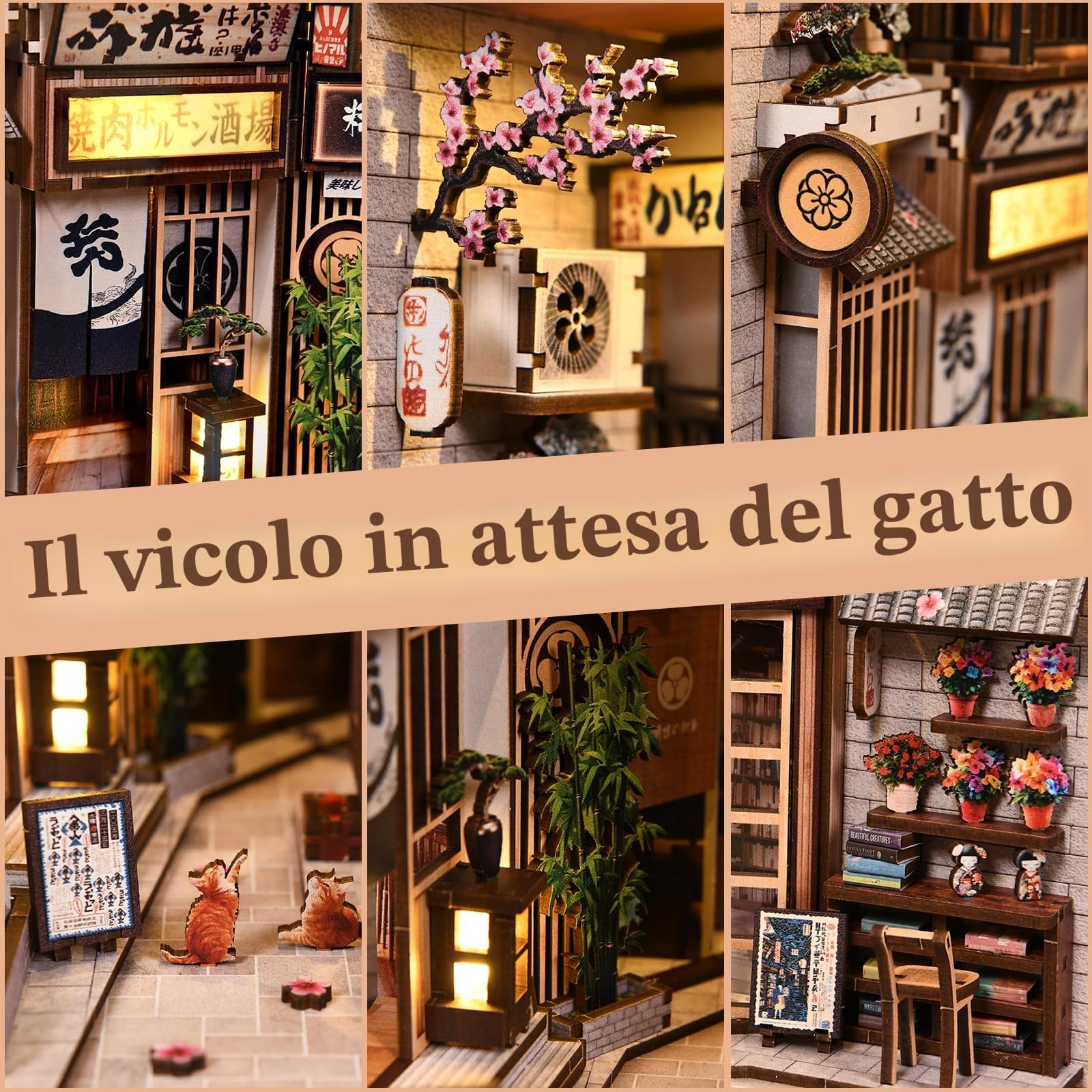 Book Nook Kit,Il vicolo in attesa del gatto in stile giapponese, puzzle in legno 3D fai da te con LED, set fai da te per adulti, Idea Regalo Creativa,decorazione per libreria