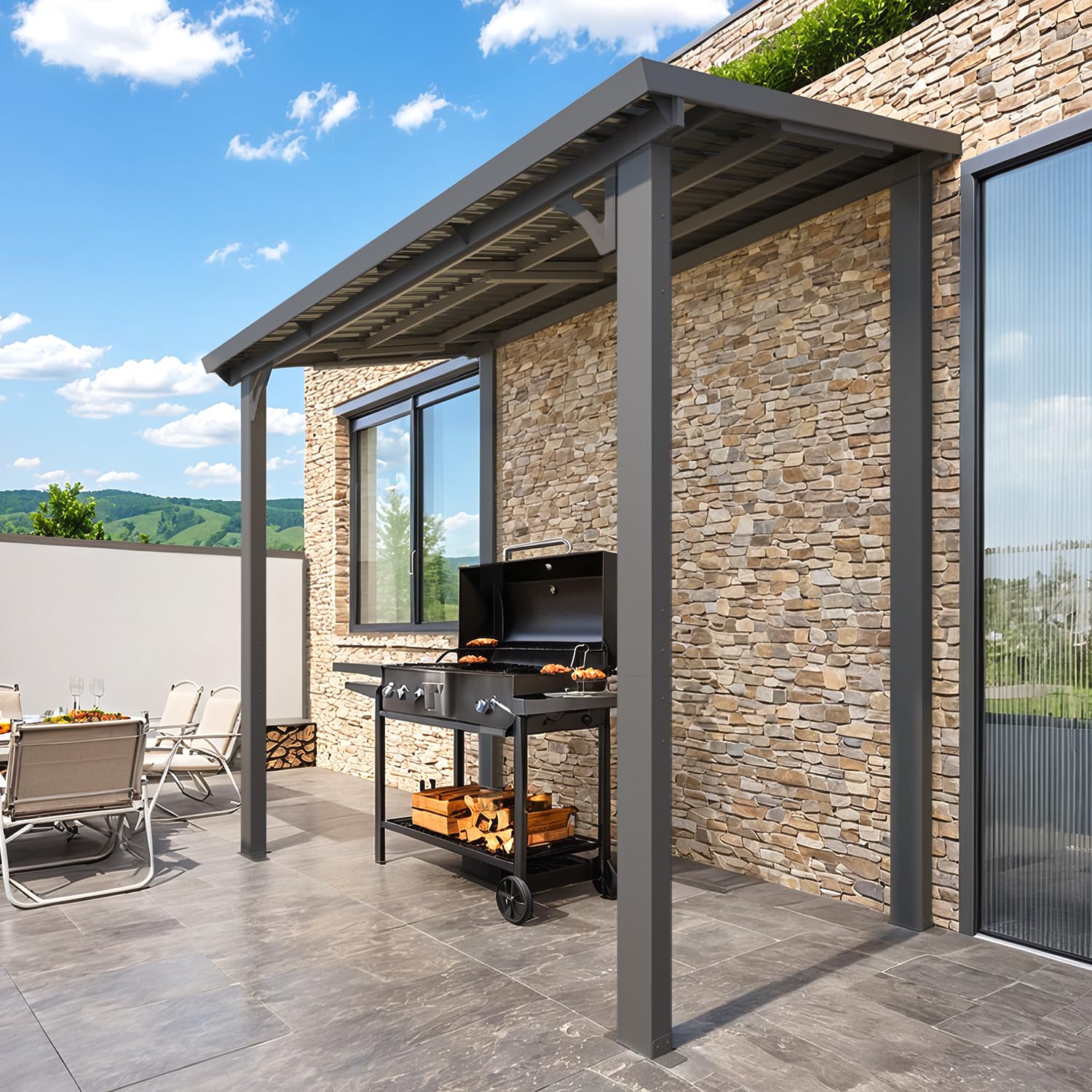 AECOJOY 8' x 5' Hardtop Grill Gazebo installed on a patio with a grill and outdoor kitchen setup.