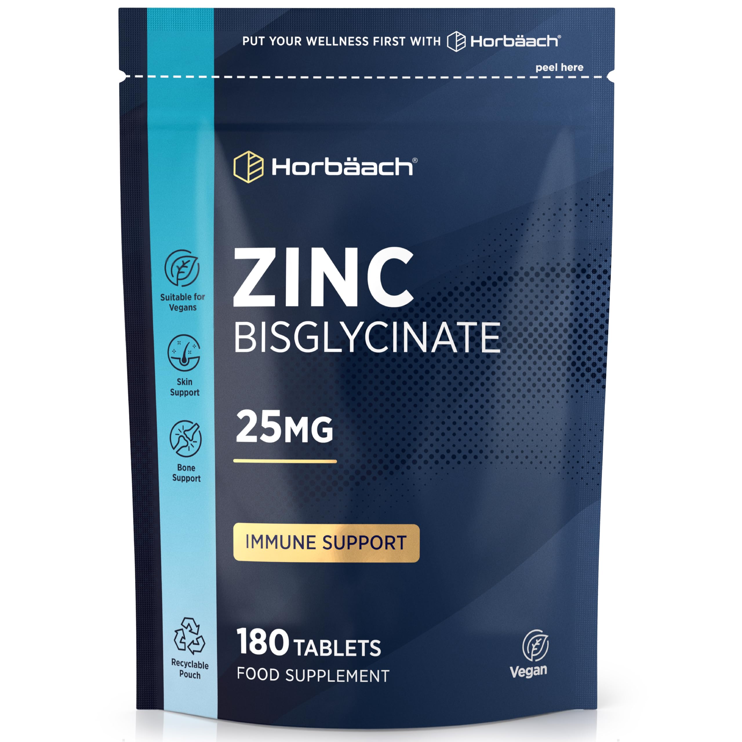 Zinc Tablets 25mg | High Absorption Zinc Bisglycinate | Immunity Support Supplements | 180 Vegan Tablets | by Horbaach