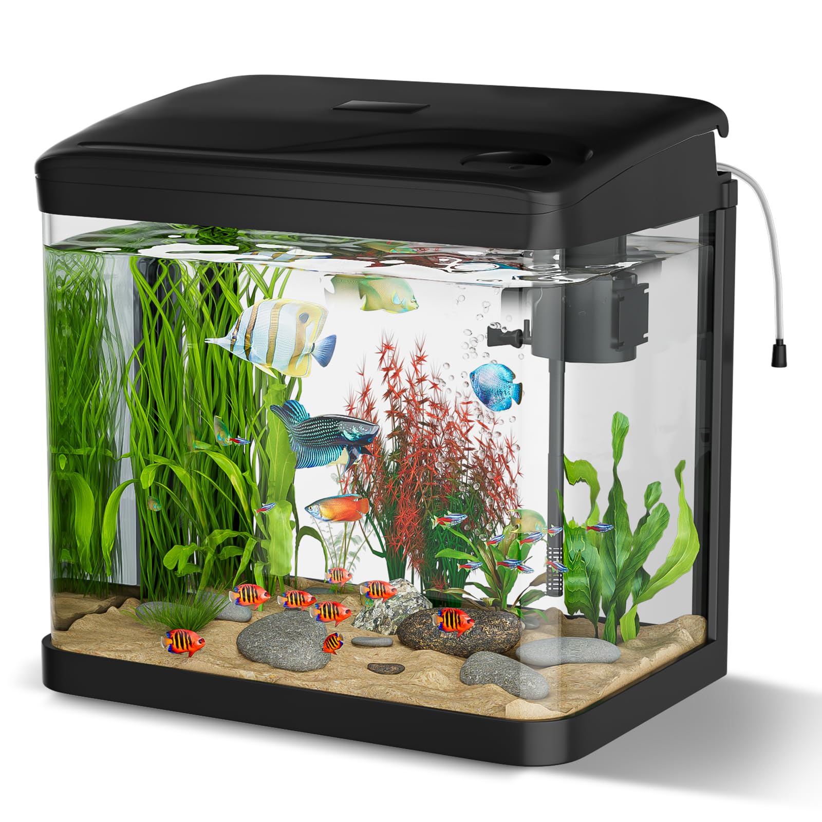 Acuario de Cristal, GuKKK Acuarios y Peceras Completas,Pecera con Sistema de Filtrado Integrado e Iluminación LED,Bajo Ruido y Silencioso,Acuarios de Iniciación, Negro (15L)