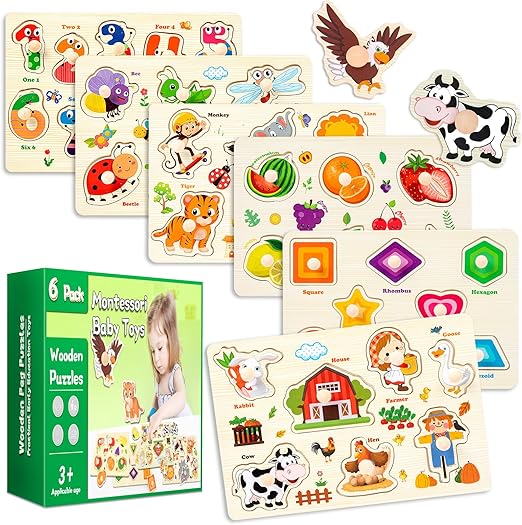 Wooden Puzzles for Toddlers,6 Pack Toddler Puzzles for Boys Girls,Montessori Toys for Baby,Preschool Learning Wooden Peg Puzzles for Kids with Farm,Insects,Numbers,Shapes,Animals,Fruits
