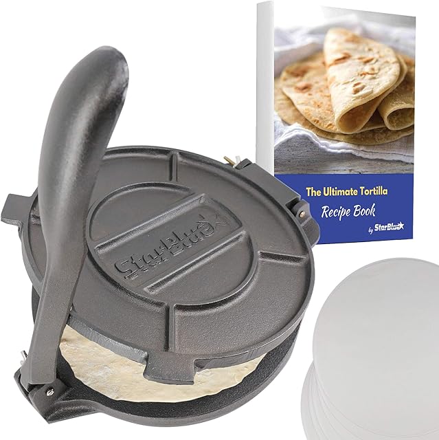 10 Inch Cast Iron Tortilla Press by StarBlue with 100 Pieces Oil Paper and Recipes e-book - Tool to make Indian style Chapati, Tortilla, Roti