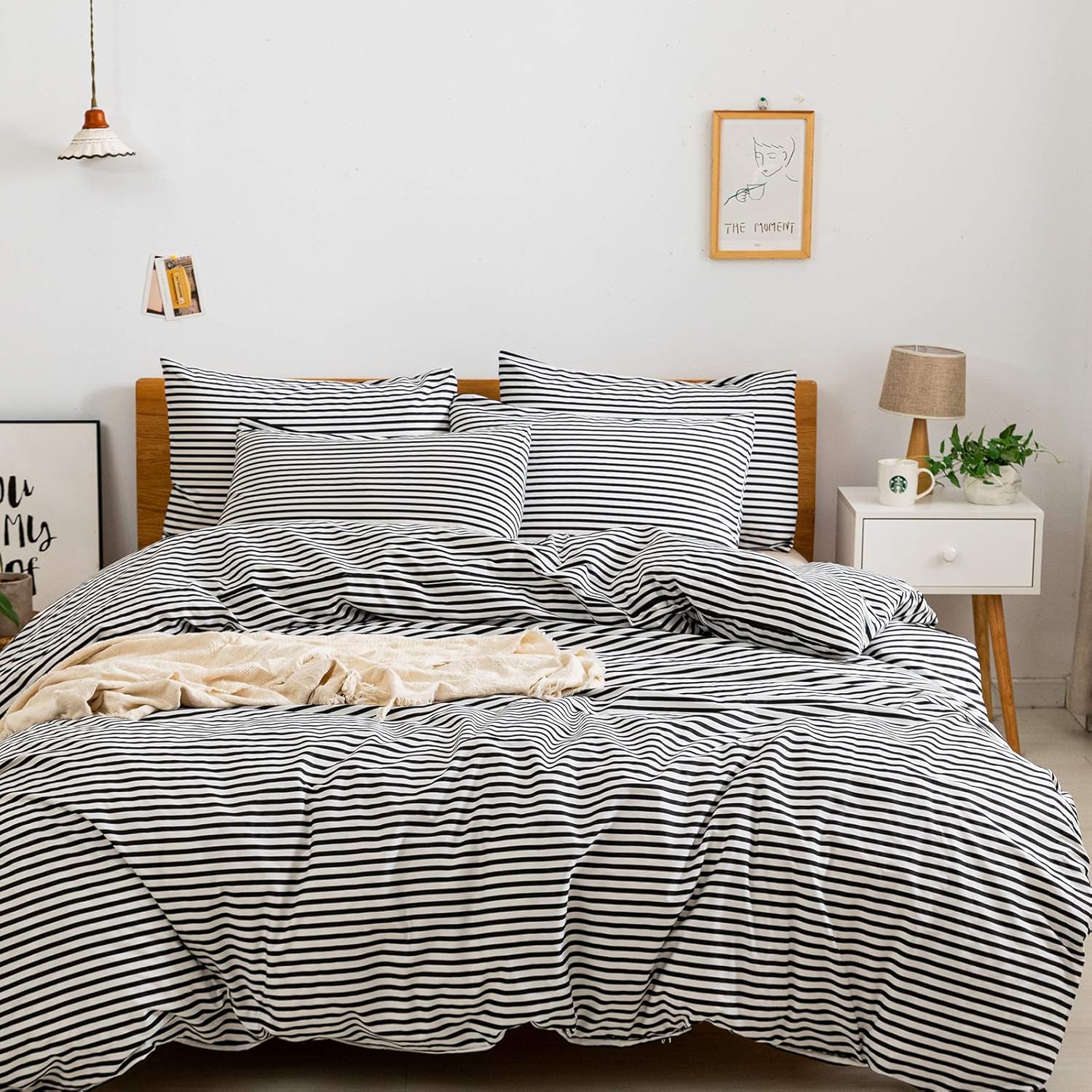 JELLYMONI 100% Natural Cotton 3pcs Striped Duvet Cover Sets,White Duvet Cover with Black Stripes Pattern Printed Comforter Cover,with Zipper Closure & Corner Ties(Full Size) Full(80"×90") 0906