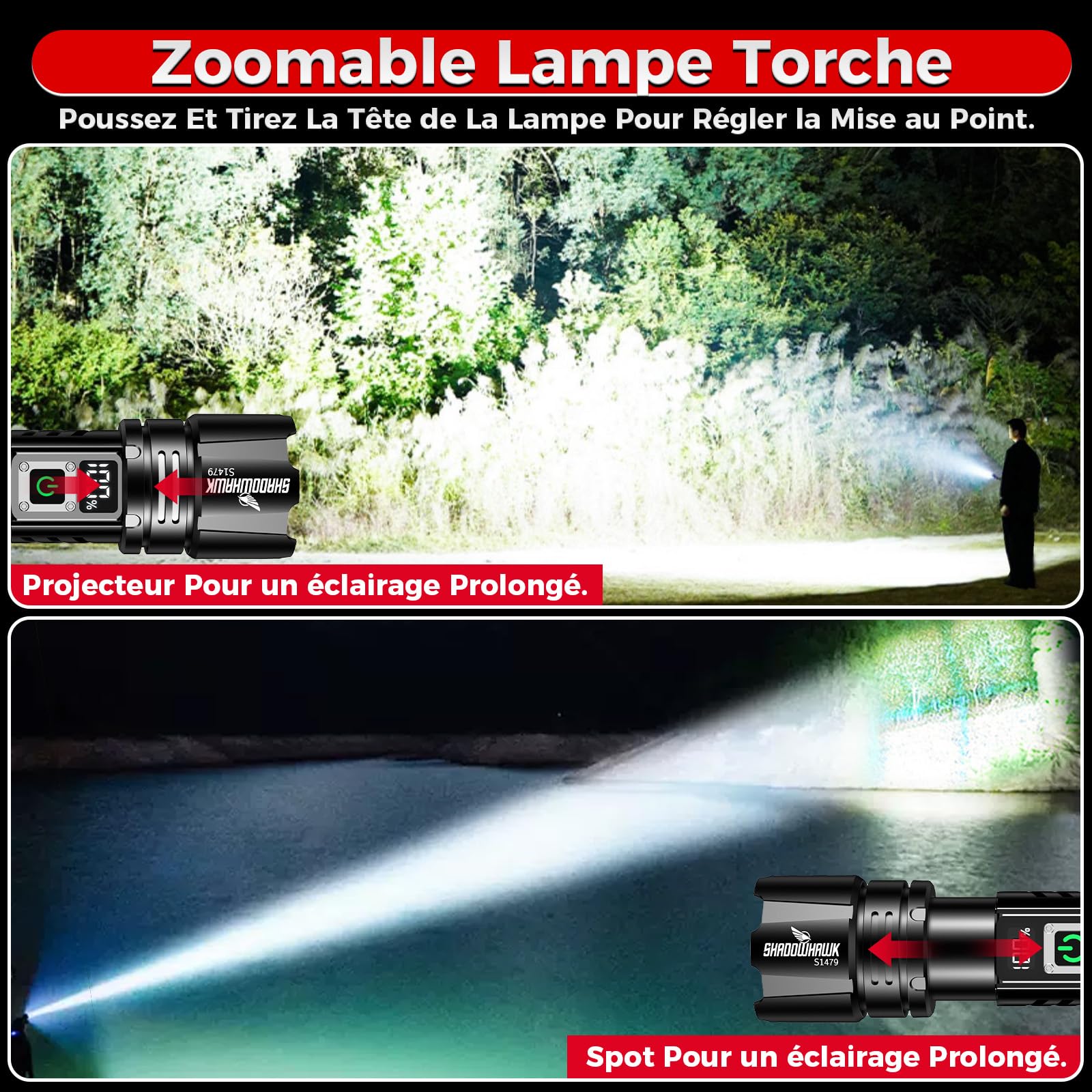 Shadowhawk Lampe Torche Led Ultra Puissante 24H Éclairag | Militaire 1000000 Lumens Rechargeable Lampe de Poche (2X 5000mAh), Flashlight Longue Portée pour Camping/Randonnée, avec LCD Display