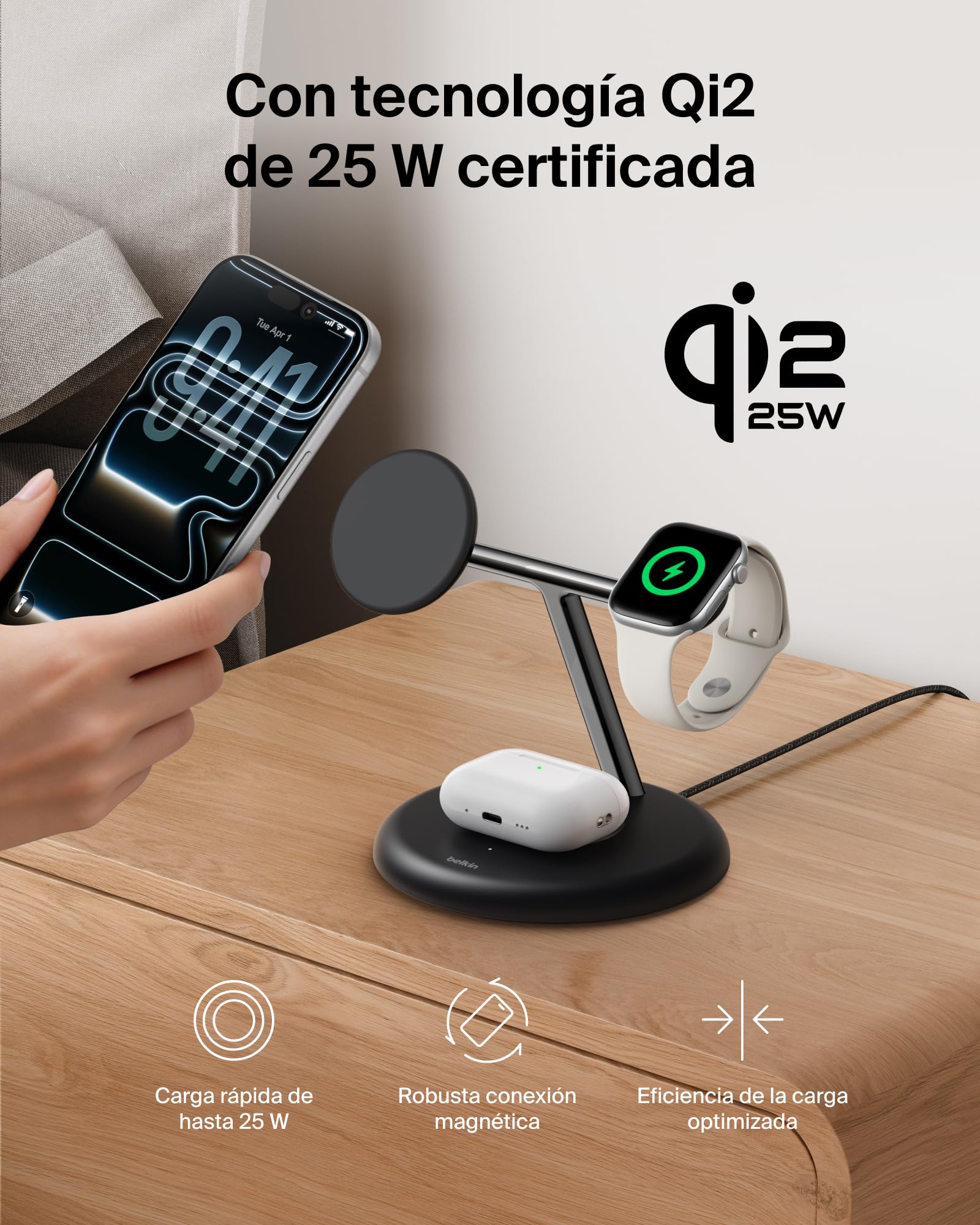 Belkin UltraCharge Pro Cargador Inalámbrico Magnético 3 en 1 Qi2 25W Negro | Estación de Carga Inalámbrica MagSafe, Certificación Qi2.2, iPhone, Apple Watch y Auriculares, Cable USB C y Adaptador 45W