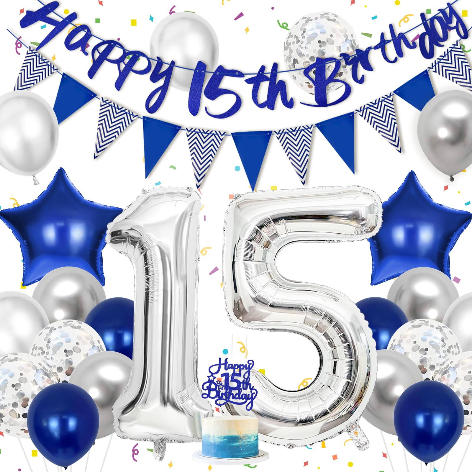 Hierein 15 Geburtstag Junge, Blau Silber Folienballon 15. Geburtstag Deko mit Happy Birthday Banner, Tortendeko, Wimpelkette, Geburtstagsdeko 15 Jahre Junge für Party Deko, Birthday Ballon