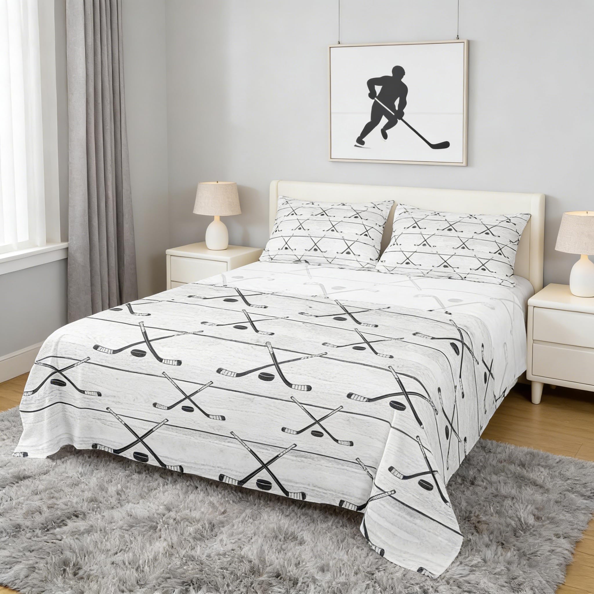 Manfei Hockey Sheet Set Twin Size, Sports Gaming Theme Bedding Set for Kids Boys Girls Room Decor, Grey Wooden Plank Bed Sheet Set 3pcs with Fitted