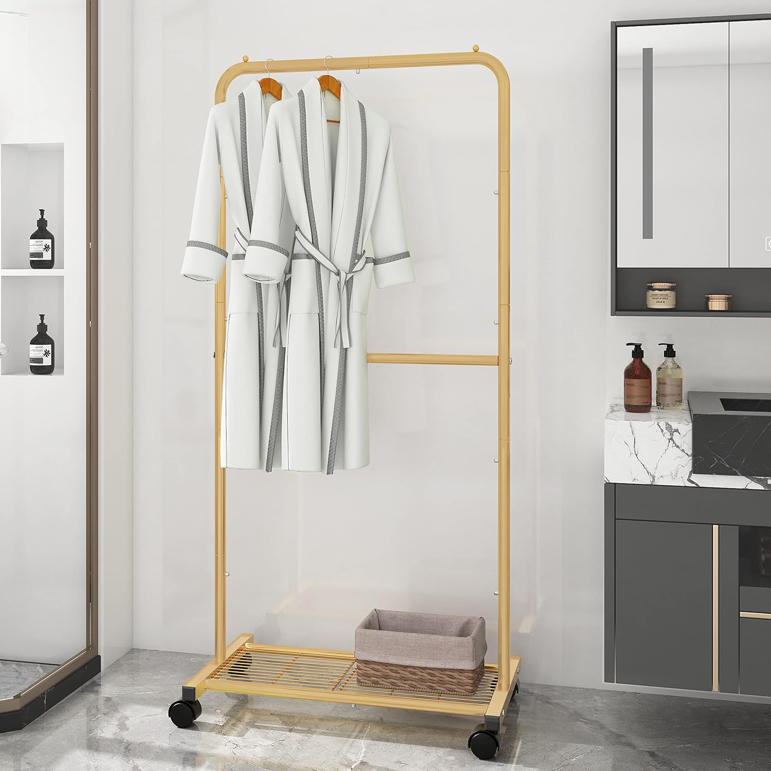 Simple Trending-Double Rod Clothing Garment Rack, Rolling Clothes Organizer on Wheels for Hanging Clothes, Golden Yellow