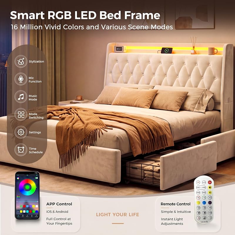 Jocoevol Queen LED Velvet Bed Frame with 2 Storage Drawers&Hidden Headboard image 4