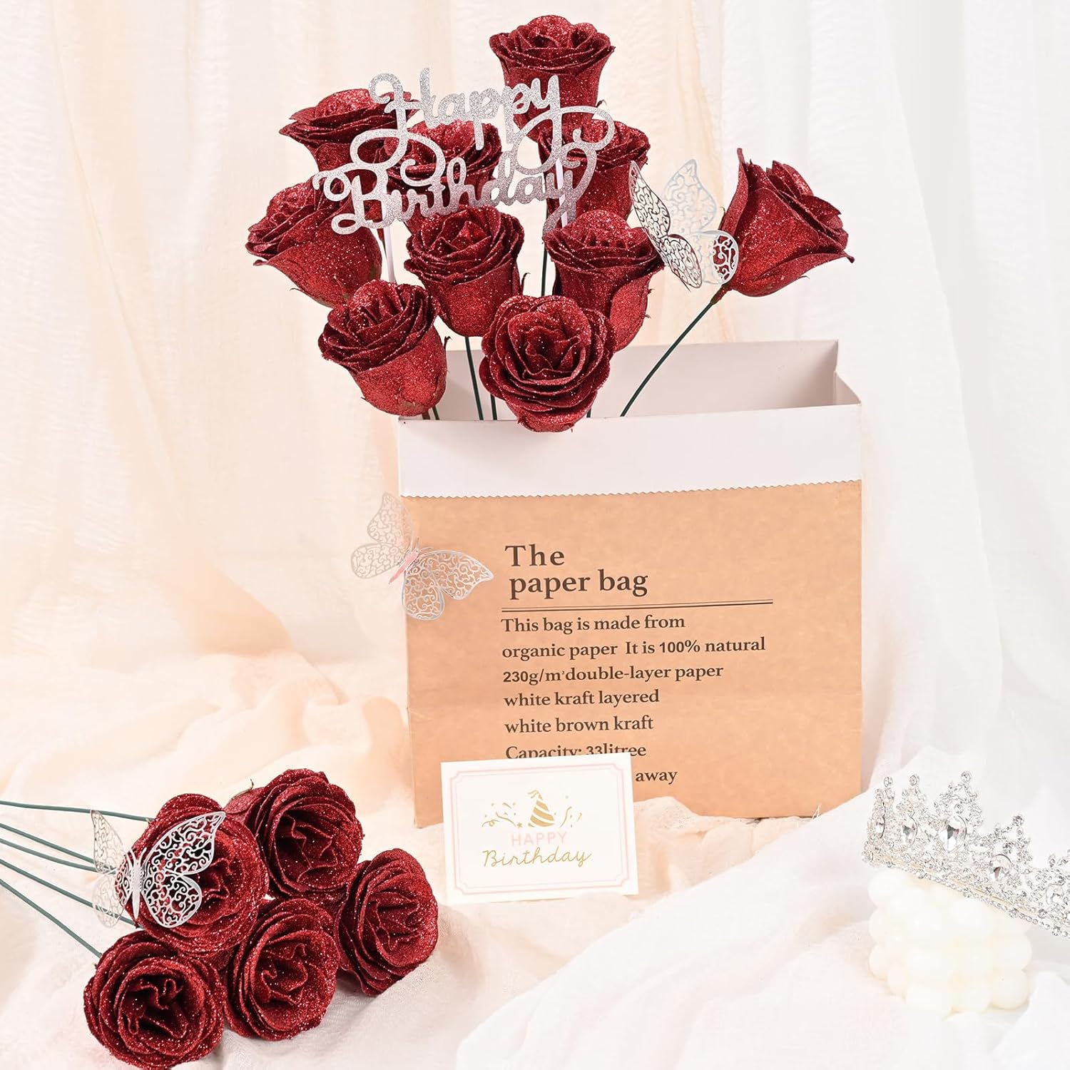 Waipfaru Glitter Roses Bouquet, Birthday Gifts for Women Mom, DIY Fake Flowers Bouquet with Birthday Stand-Up Signs, 36 Red Rose for Grandma Wife Friends - Image 7