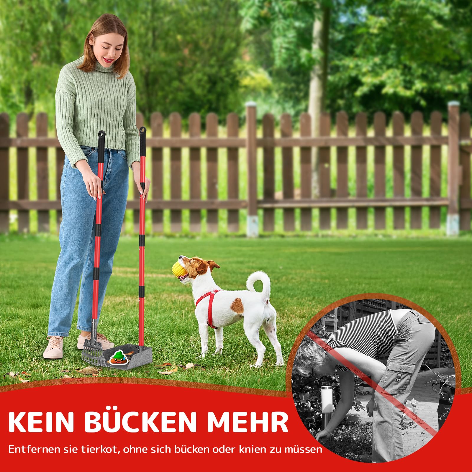 Hundekotschaufel, Hundekotsammler Aus Edelstahl Für Große, Mittelgroße Und Kleine Hunde, Abnehmbares Metallrechen Und Tablett Für Garten, Gras, Erde Oder Kies - Rot